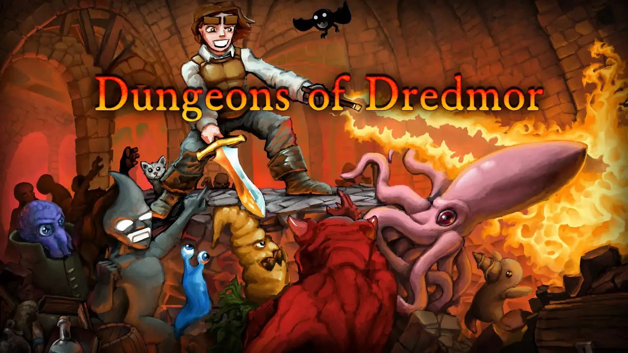 The cover for Dungeons of Dredmor. An adventurer stands on top of a flat rock, fighting various monsters. 