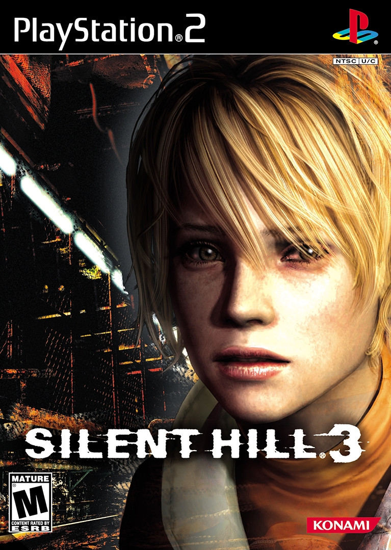 NTSC cover of Silent Hill 3. Heather's face takes up half of the cover, with some grating and such as the background.