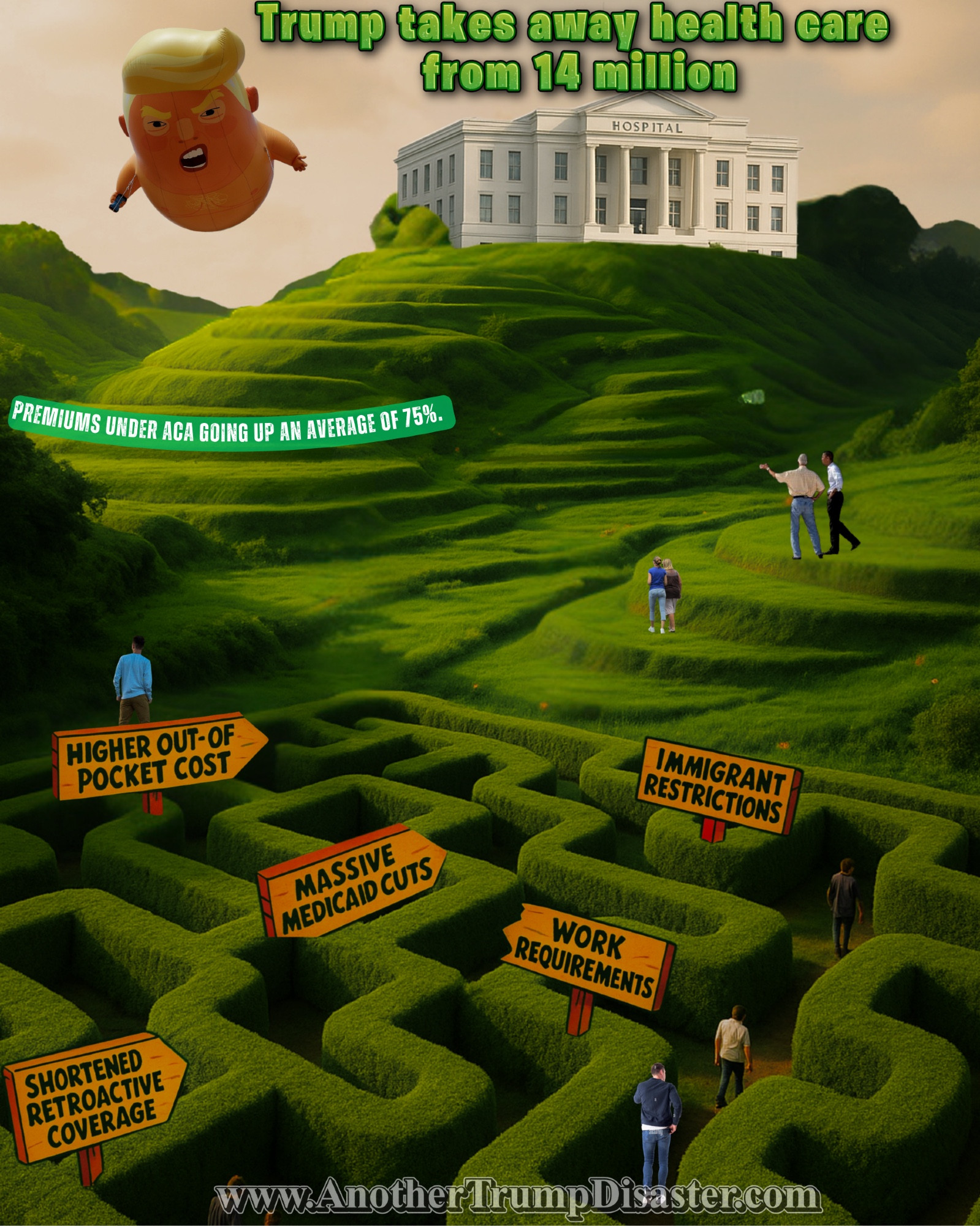 Healthcare maze with giant trump ballon