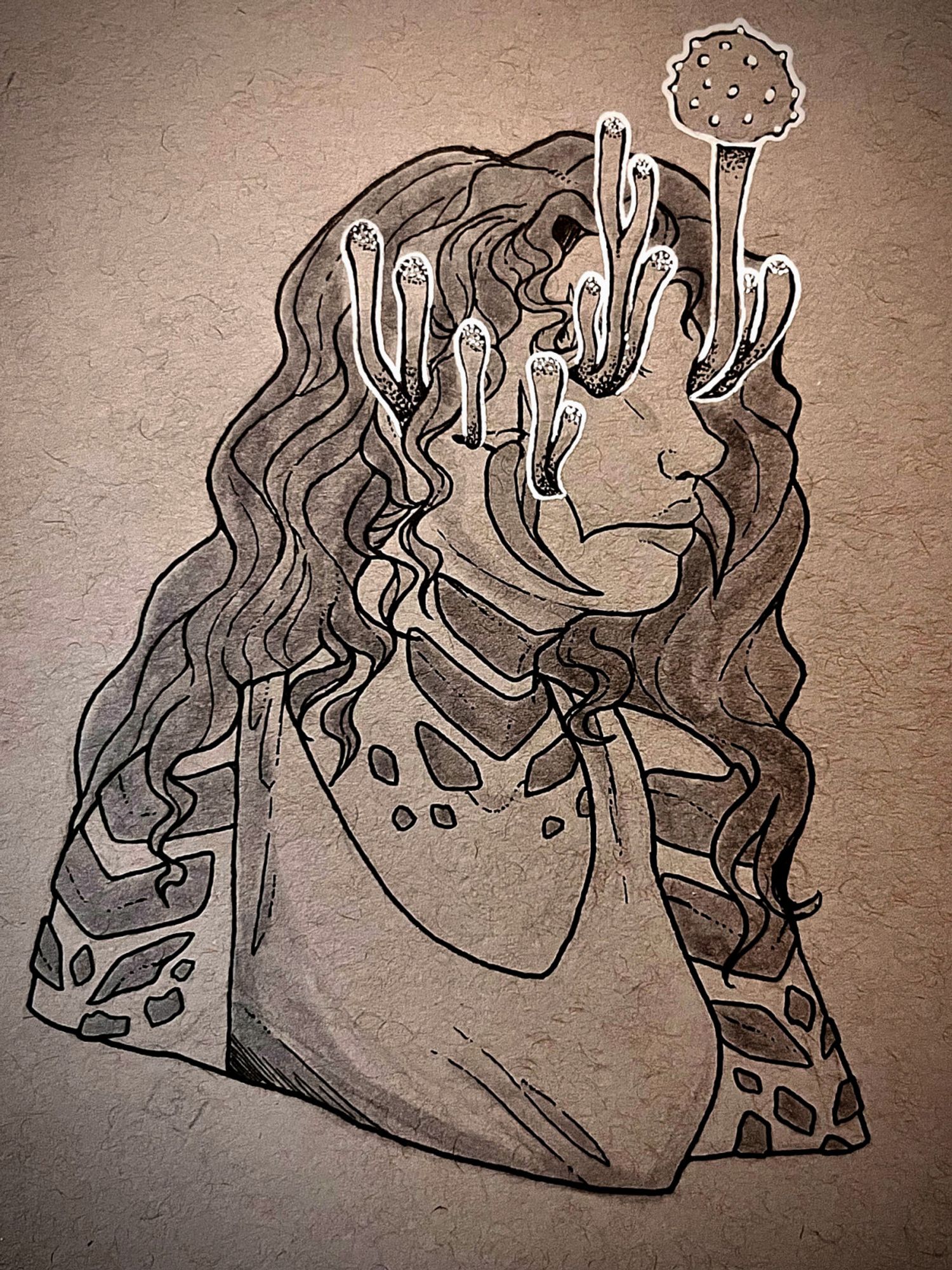 Bust of a woman in a tanktop, she has fungal growths coming out of her eyes, ears, and side of her mouth as well as black scales running down her throat and arms