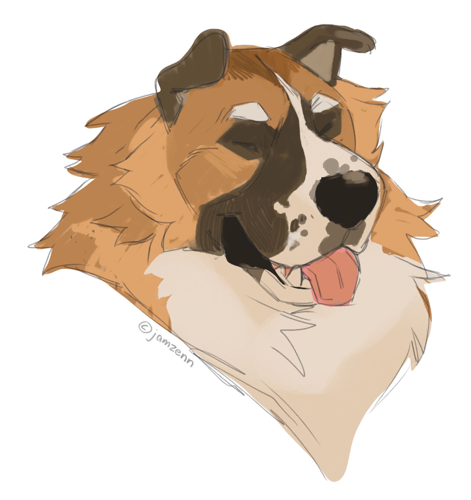 A sketchy headshot drawing of a fluffy dog, with a light brown back and white underside, with some dark brown markings on the face. The dog looks happy with his eyes closed and tongue hanging out.