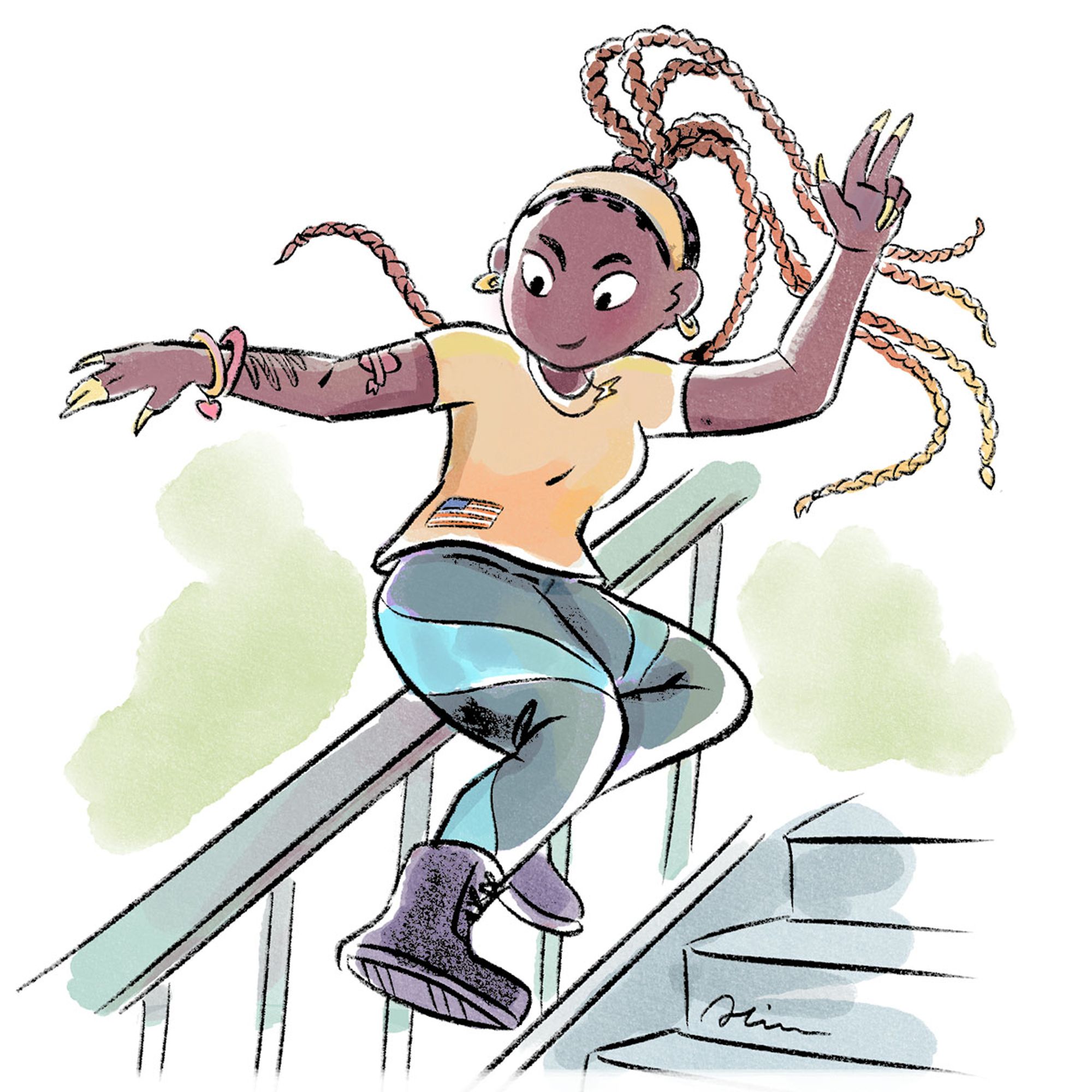 Teenage girl with dark skin and long braids sliding down a banister