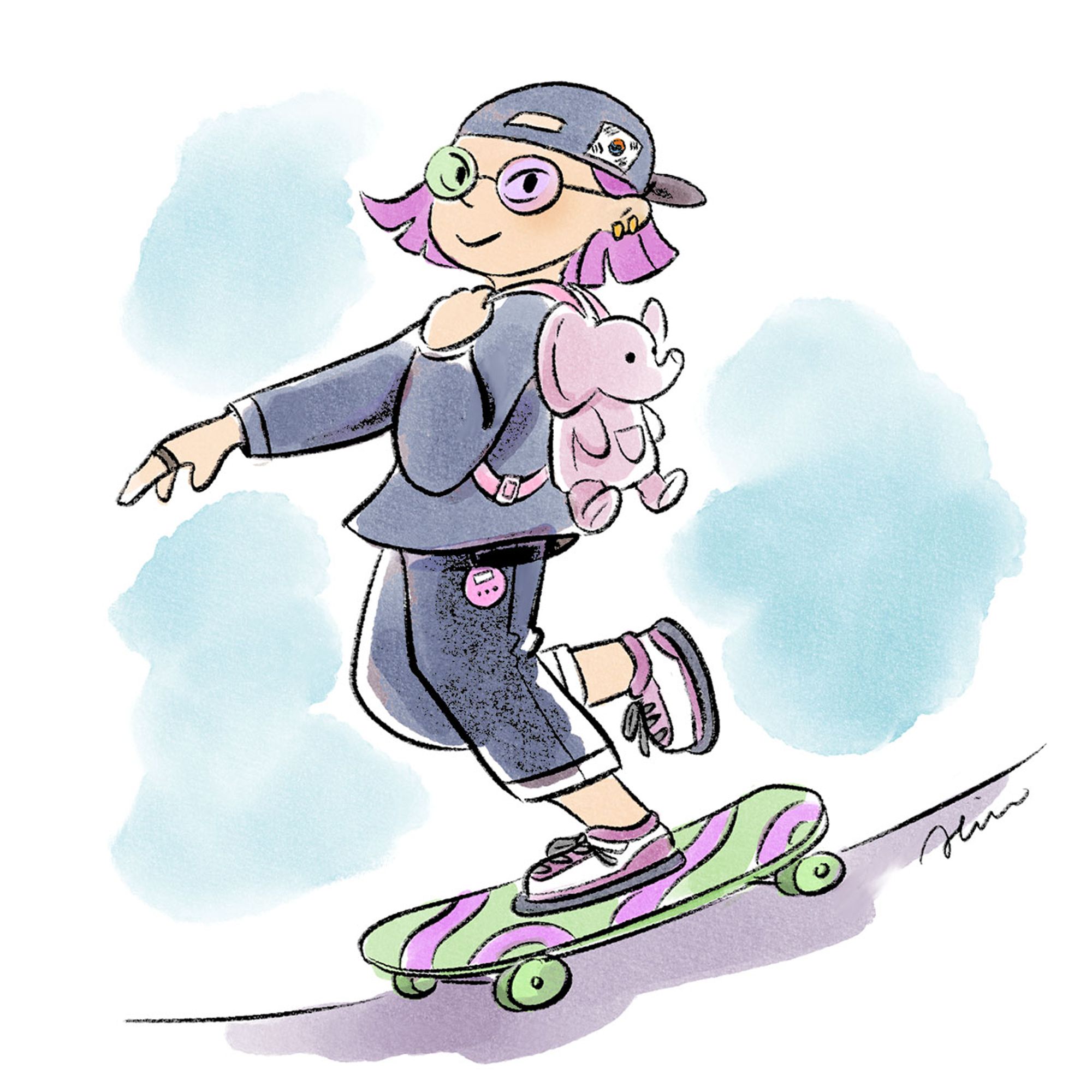 Teenage girl with purple hair and funky glasses on a skateboard