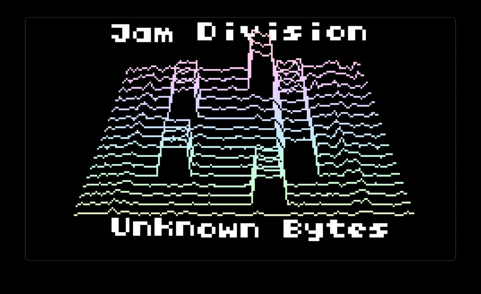 A pixel art version of the album cover of Joy Division's "Unknown Pleasures". The pulsar image is replaced by the FFT of some music combined with a scrolling message.