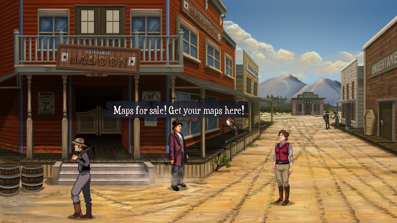 Screenshot of Harley Leger, protagonist of Rosewater, standing in front of a saloon called the Jack of Diamonds. A young man in a top hat and coat is saying "Maps for sale! Get your maps here!"