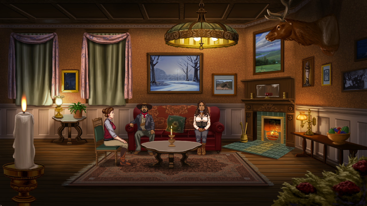 A screenshot of protagonist Harley Leger sitting with two other characters in a fancily decorated hotel lobby. There are various paintings and photographs on the wall, a fireplace on the right, and a mounted deer head on the right wall.