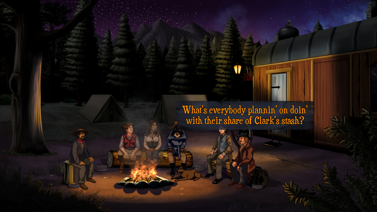 Screenshot of protagonist Harley Leger and her five travel companions sitting around a campfire at night in a forest. A man in a black hat and red coat is asking, "What's everyone plannin' on doin' with their share of Clark's stash?"