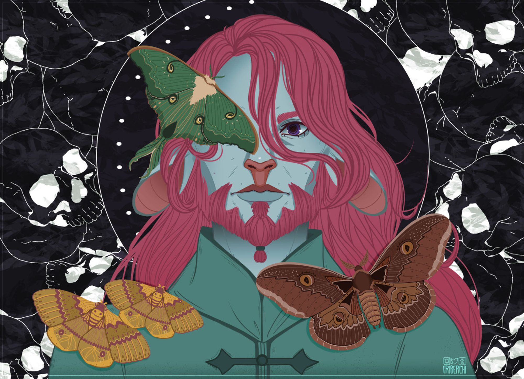 Digital art. Portrait fanart of Caduceus from Critical Role. There are moths around his face.