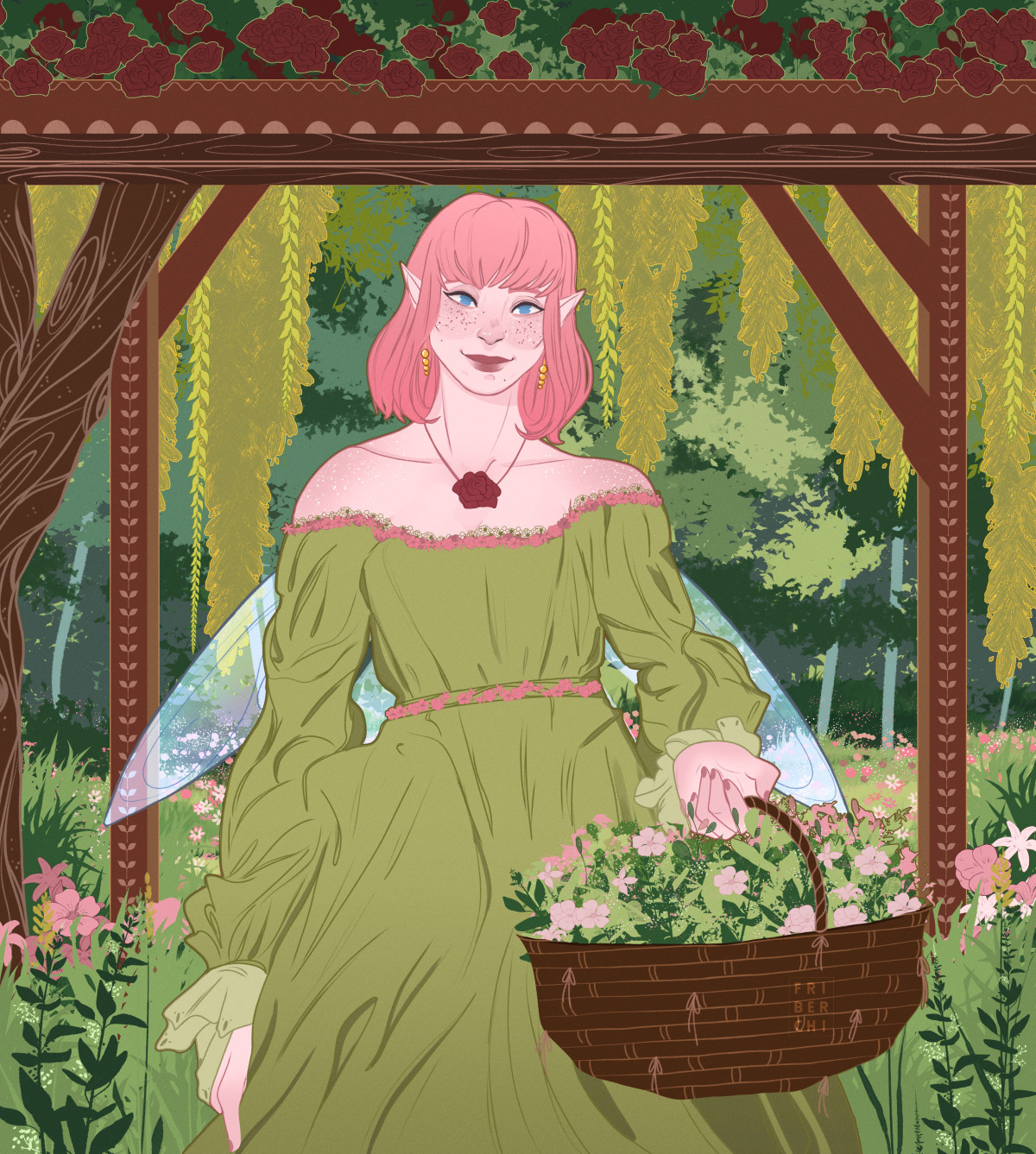 A drawing of a fairy of pink hair, bright blue eyes and light pink skin wearing a long green dress, carrying a basket of pink flowers. She stands in a very green garden filled with the same pink flowers she collected. She's below an archway with roses at the top and plants falling around it.