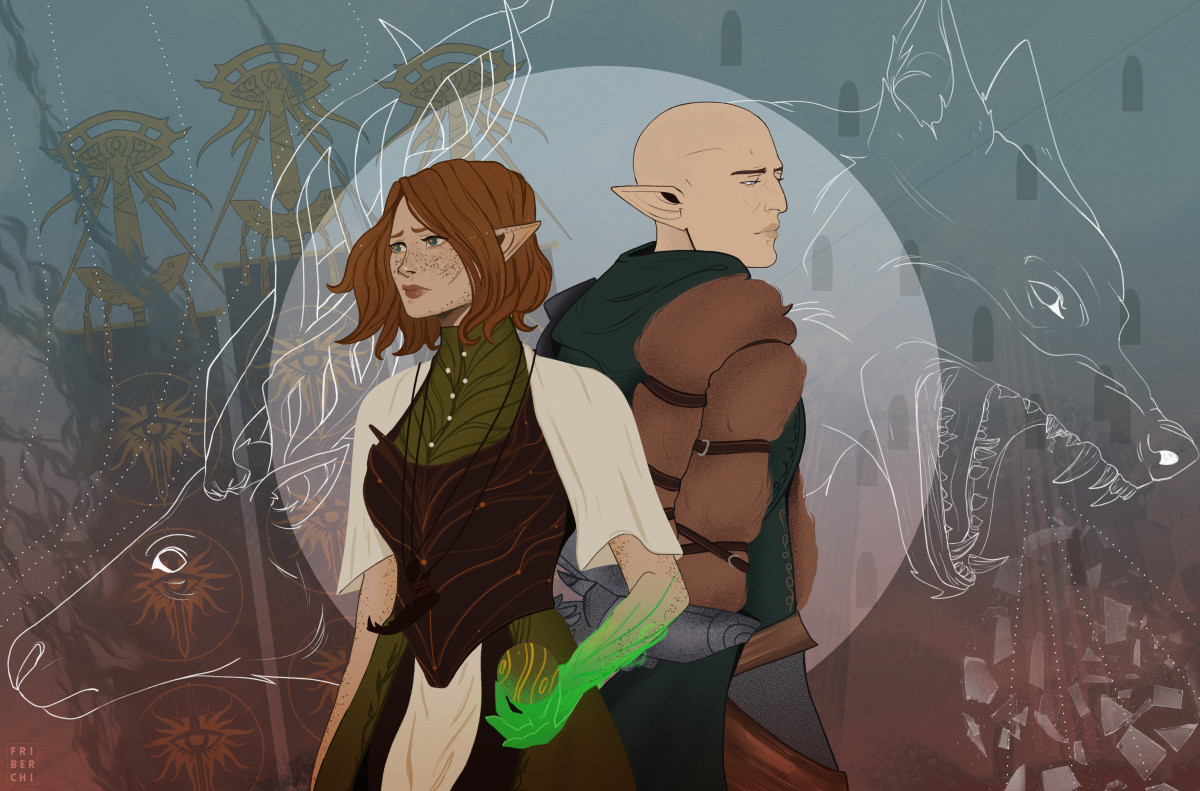 A drawing with Solas, a bald male elf from Dragon Age series, and a custom female elf character named Faye. Faye has white skin, freckles all over her body, teal-colored eyes and bob-cut, redhead hair. At front, the two characters stand back to back, both looking sorrowful. They're wearing some sort of elvhen armor. Solas is particularly wearing his Fen'harel armor. On Faye's left hand, there's a floating round artifact. Half of her left arm is glowing green. In the background, behind Faye, there's the outline of a head of a halla, an animal similar to a white dear from the series and commonly associated with her elvhen people The Dalish; and behind Solas, there's the outline of a head of a wolf, an animal associated with him due to his title "The Dread Wolf". With less opacity, on the background behind the animals' heads, it's possible to see Inquisition banners on fire on Faye's side. On Solas sides, it's possible to see a bit of crumble and eluvians floating around.