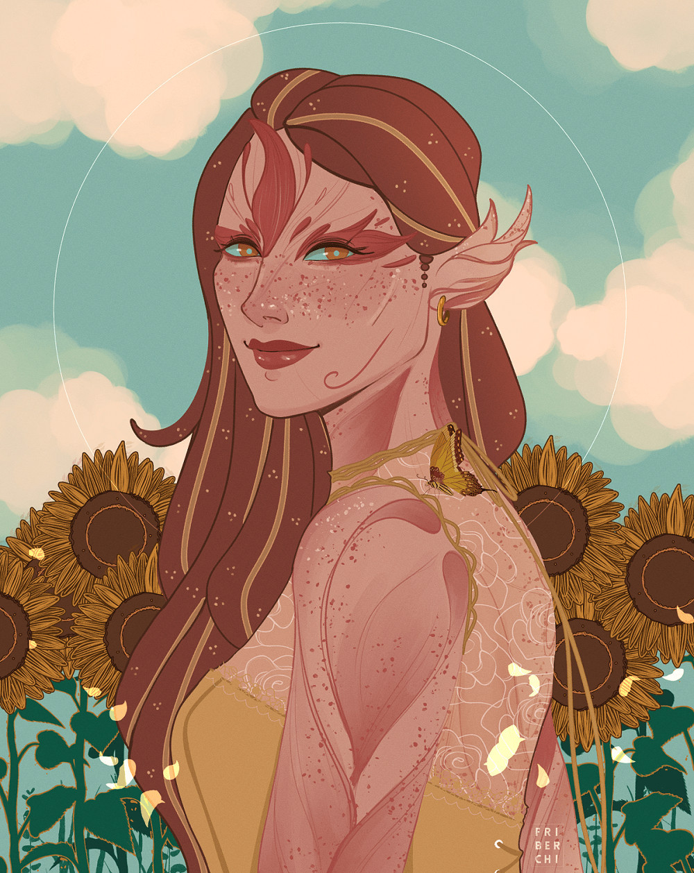 Portrait of a sylvari of peach-colored skin and long brown hair. She has pink petals on her forehead, following the shape of the eyebrows and pointing to the side and then up. She's wearing a yellow dress and there are sunflowers in the background.