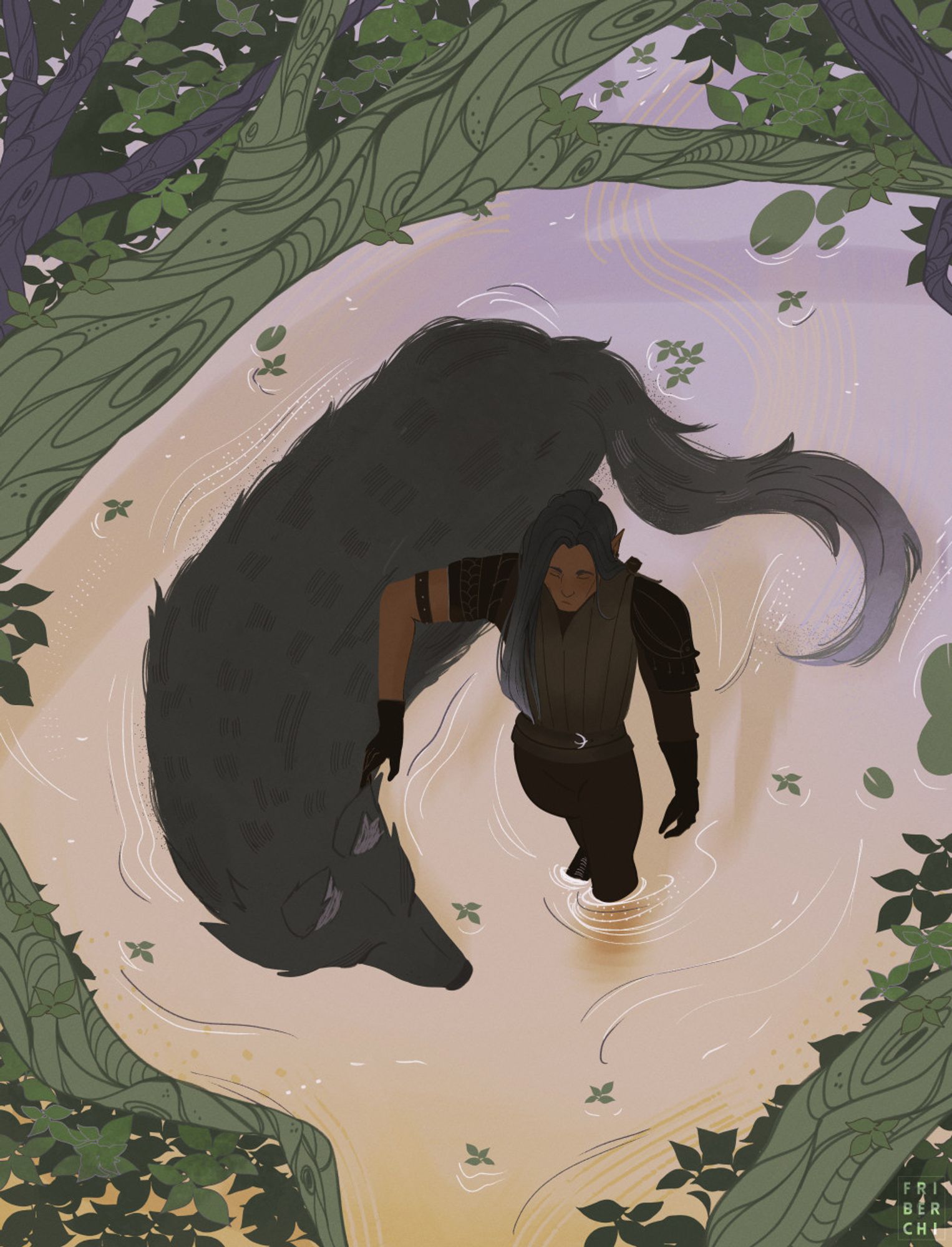 Digital art: shown from above, an elf man with long dark gray hair wearing leather armor walks down a river in the company of a big dark gray wolf. There are a few tree trunks above them around the piece.