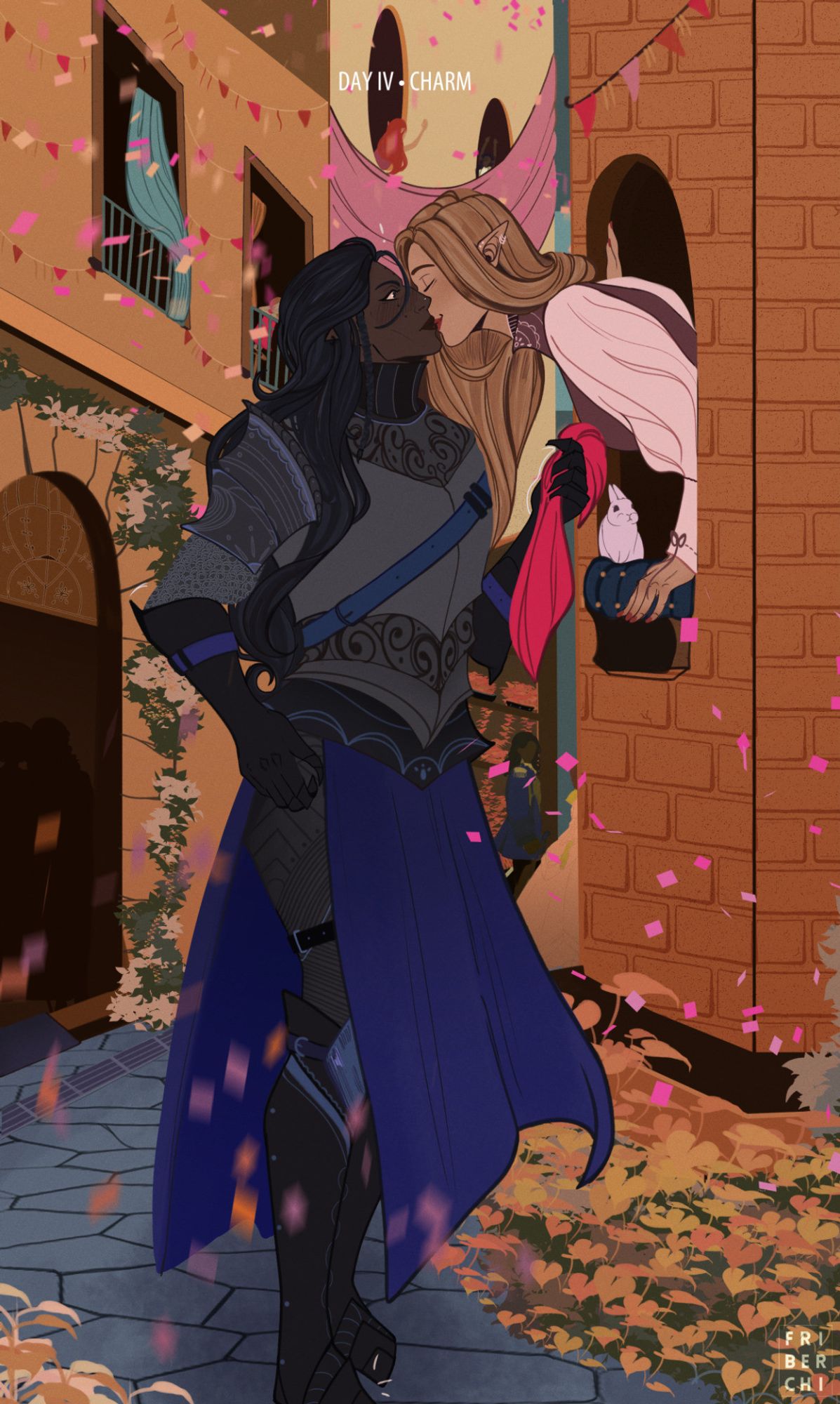 Digital art. A female knight in silver armor is kissed by a beautiful lady coming out of a window while the knight is passing by on the street.