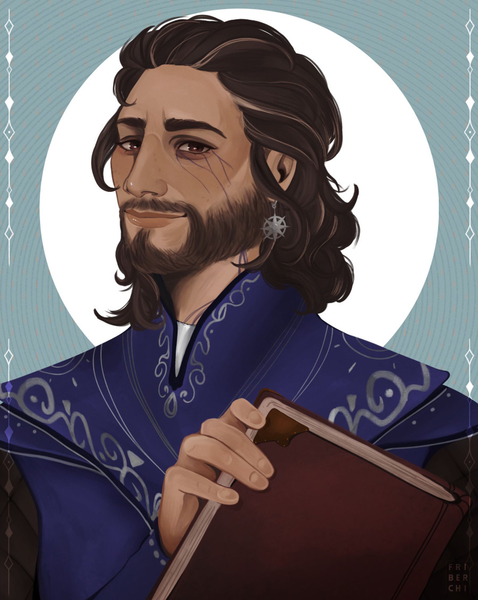 A portrait of Gale, a human wizard character in Baldur's Gate 3 game. He's wearing an elegant garment with embroidered random symbols around the bust area and around the neck. He's also holding a book while looking at the viewer with an easy smile.