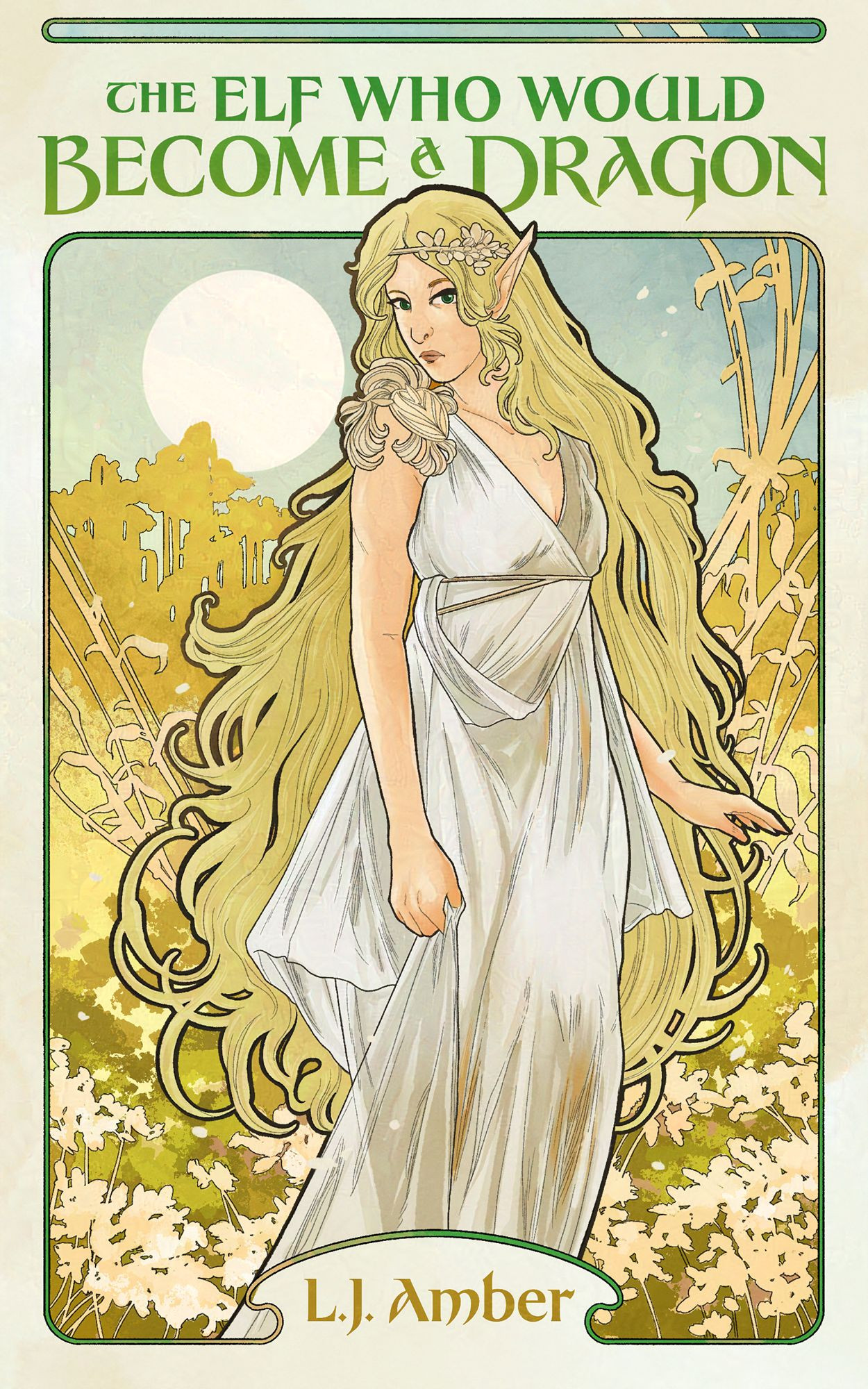 Cover for "The Elf Who Would Become A Dragon" by L. J. Amber. Depicts the central character, Saphienne, in an idylic, pastoral landscape. She is an elf dressed in white, with floral, rose-gold jewellery, long blonde hair down to her knees, sharp pointed ears, and deep green eyes. Except, she is watching the reader, and her expression is strikingly ambivalent. Is she sad? Afraid? Angry? Her right hand clutches the front of her dress, and her left is held out to her side as though she is hesitating, or perhaps in the process of turning away