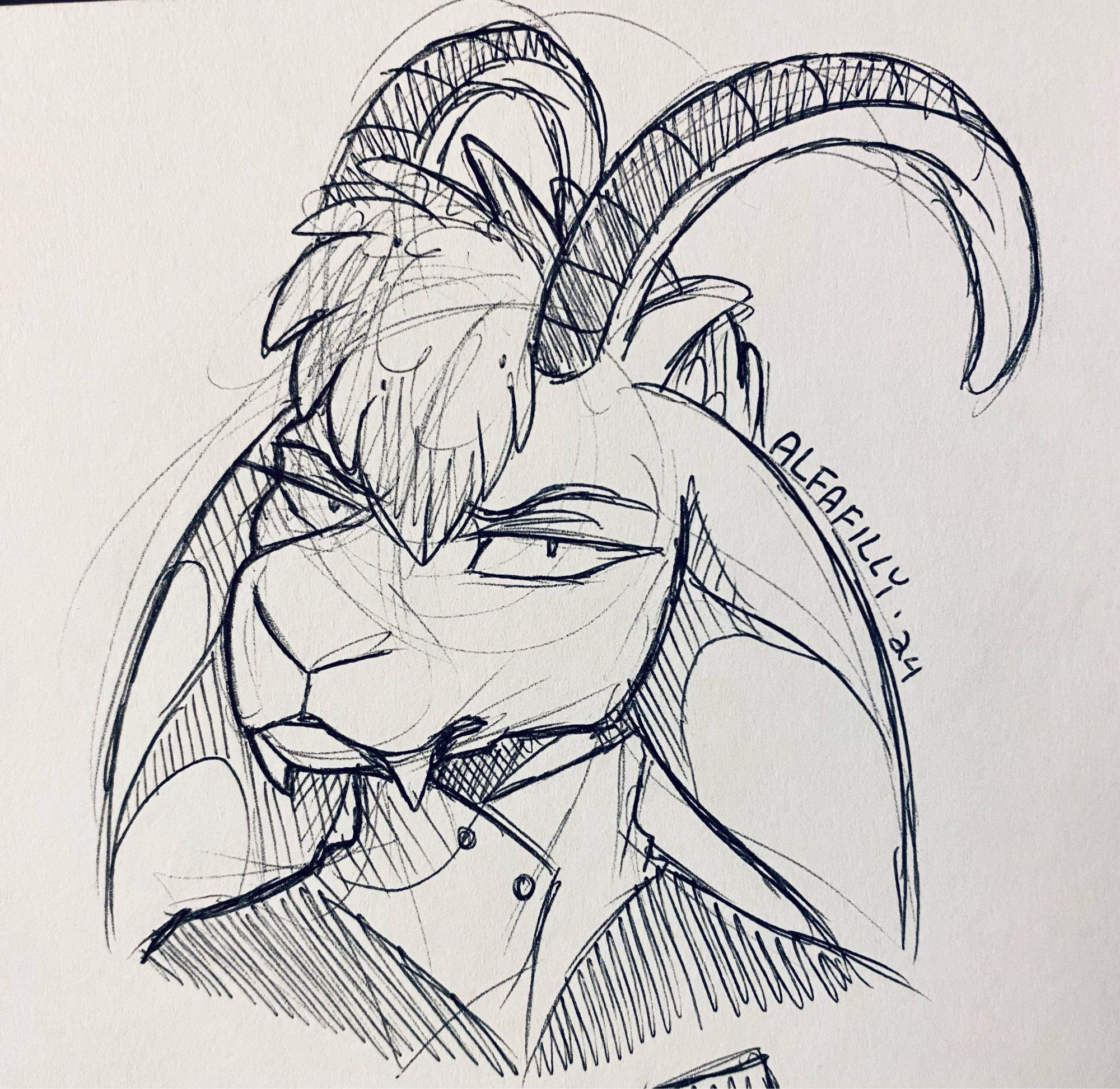 Doodle of an OC: he is an original species that’s kinda goat like?? Idk fam but he looks annoyed with me