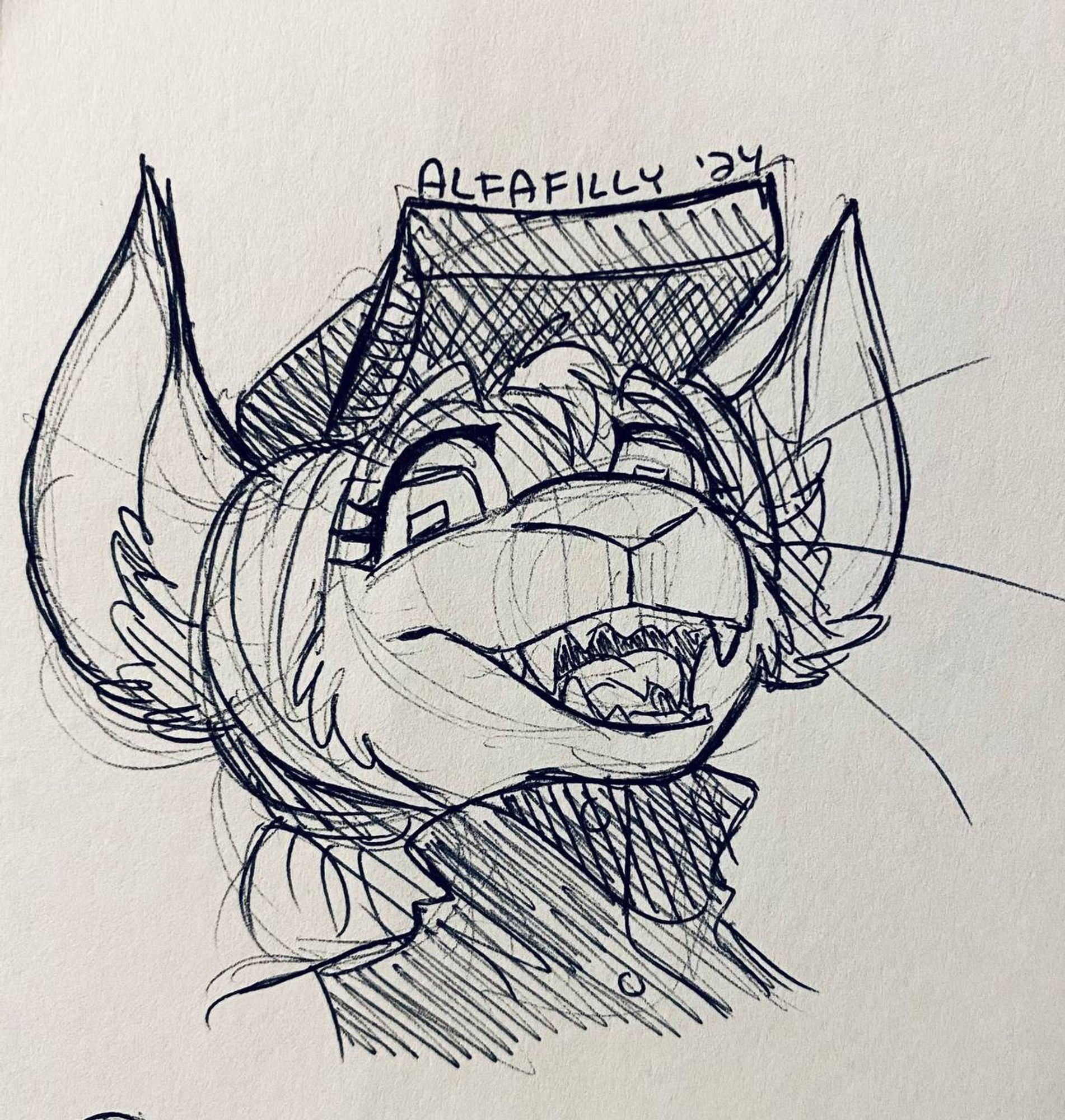 A doodle of an original species called Ambivian: a cat-like alien. She looks happy with her cute lil hat!