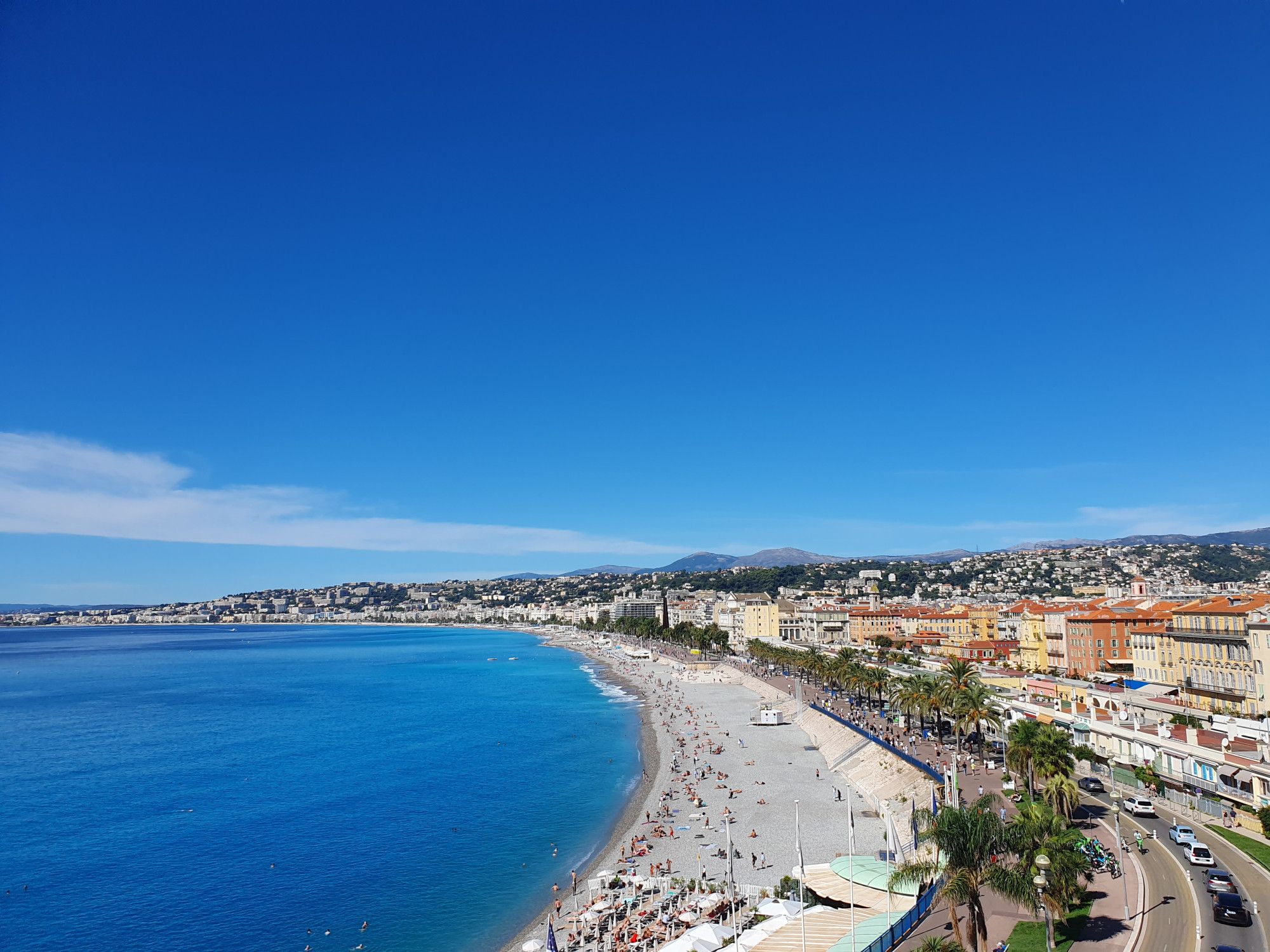 View of Nice beach, Mediterranean sea  and town