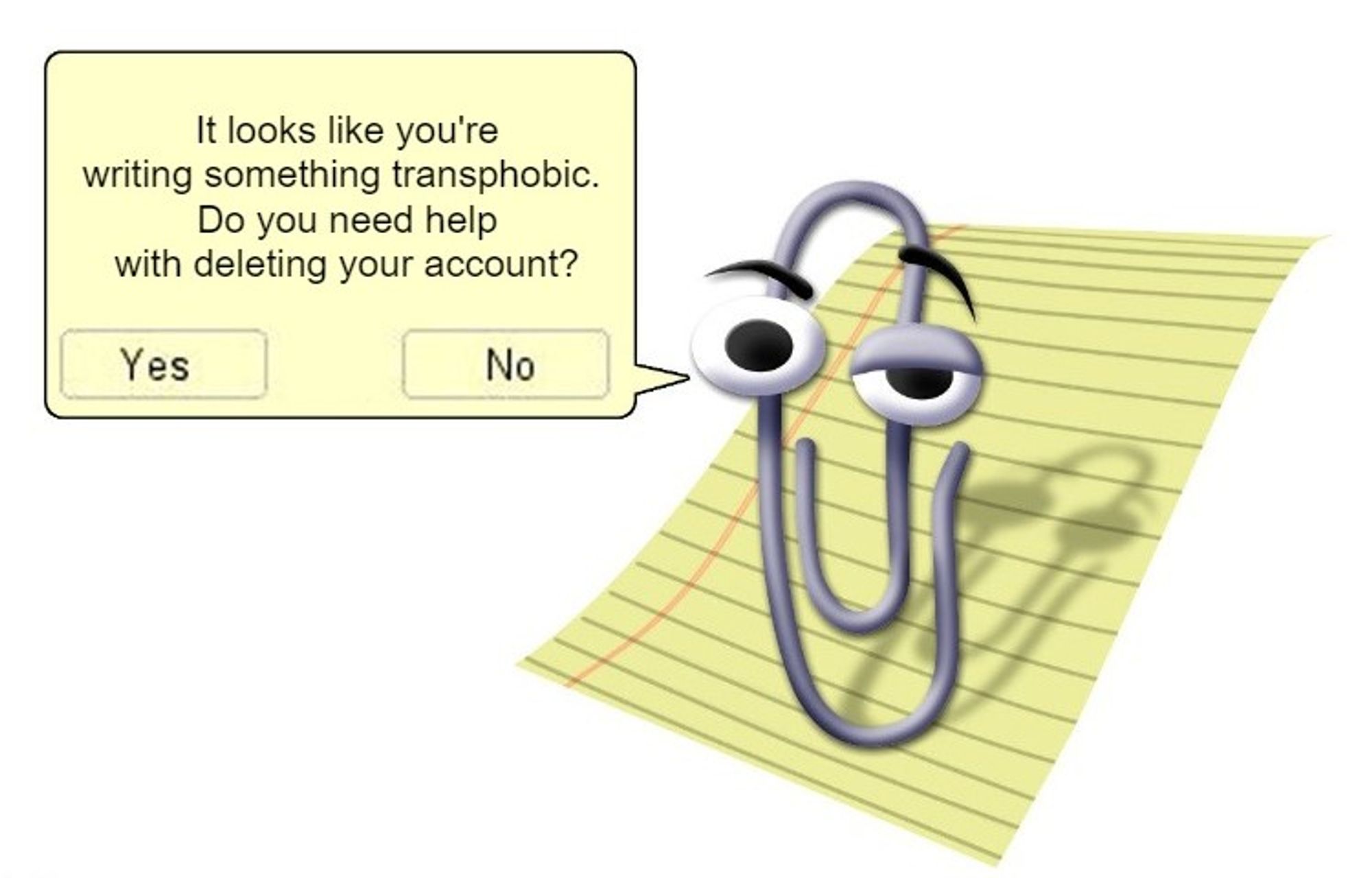 Clippy assistant meme saying: "It looks like you're writing something transphobic. Do you need help with deleting your account?"