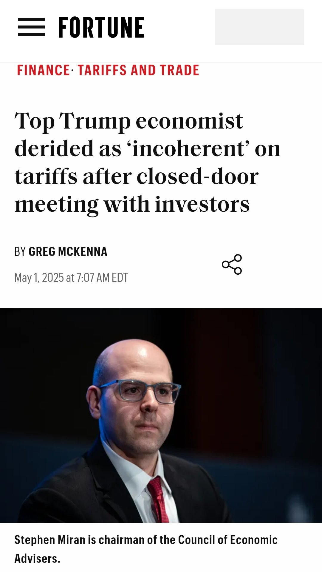 The individual depicted in the image is Stephen Miran, who serves as the chairman of the Council of Economic Advisers. 
Additional information about Stephen Miran:
He is a Harvard-trained economist and a trusted advisor to President Trump on economic policy, particularly trade. 
He authored an influential paper in November 2024 proposing a trade and currency deal known as the "Mar-a-Lago Accord". 
He was recently nominated by President Trump to the Federal Reserve Board of Governors. 
He reportedly faced criticism for being "incoherent" on tariffs during a closed-door meeting with investors in May 2025. 