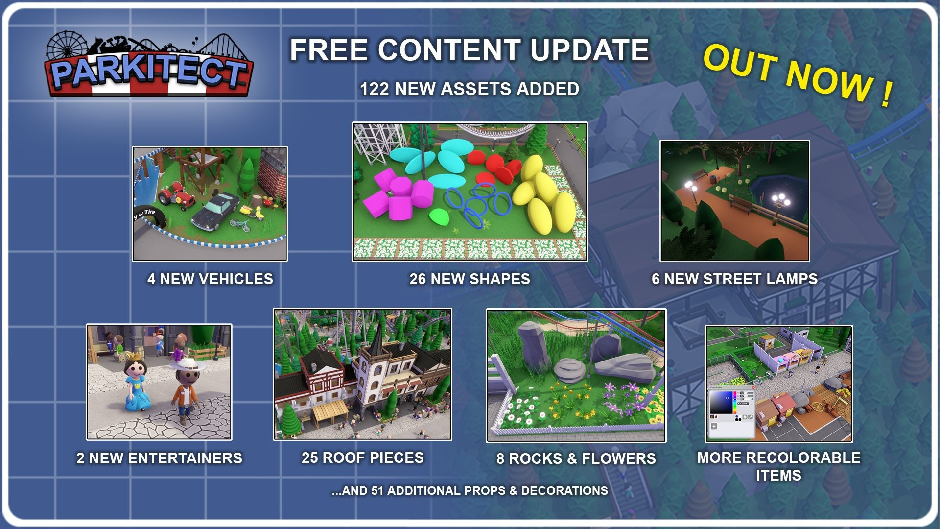 A number of screenshots of in-game Parkitect items with text that states "Free Content Update" and "Out Now" as well as "122 new assets added"