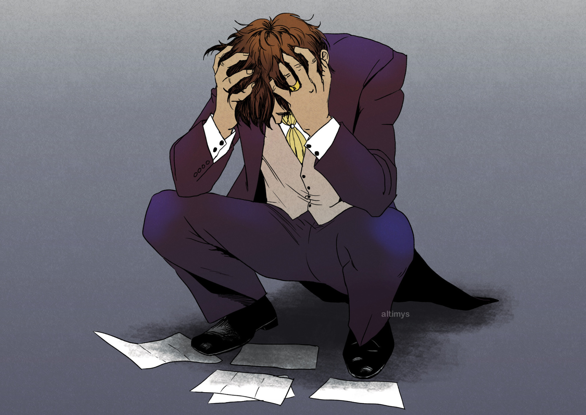 Jacopo squats and looks down at scattered papers, head in his hands and tearing at his hear.