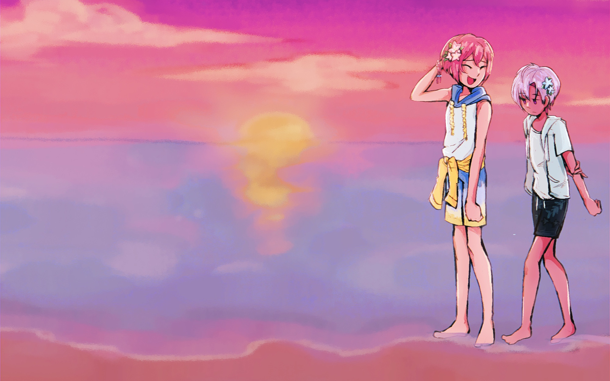 A beach sunset of pink, purples and oranges with the characters Aoi and Shu from the franchise Argonavis