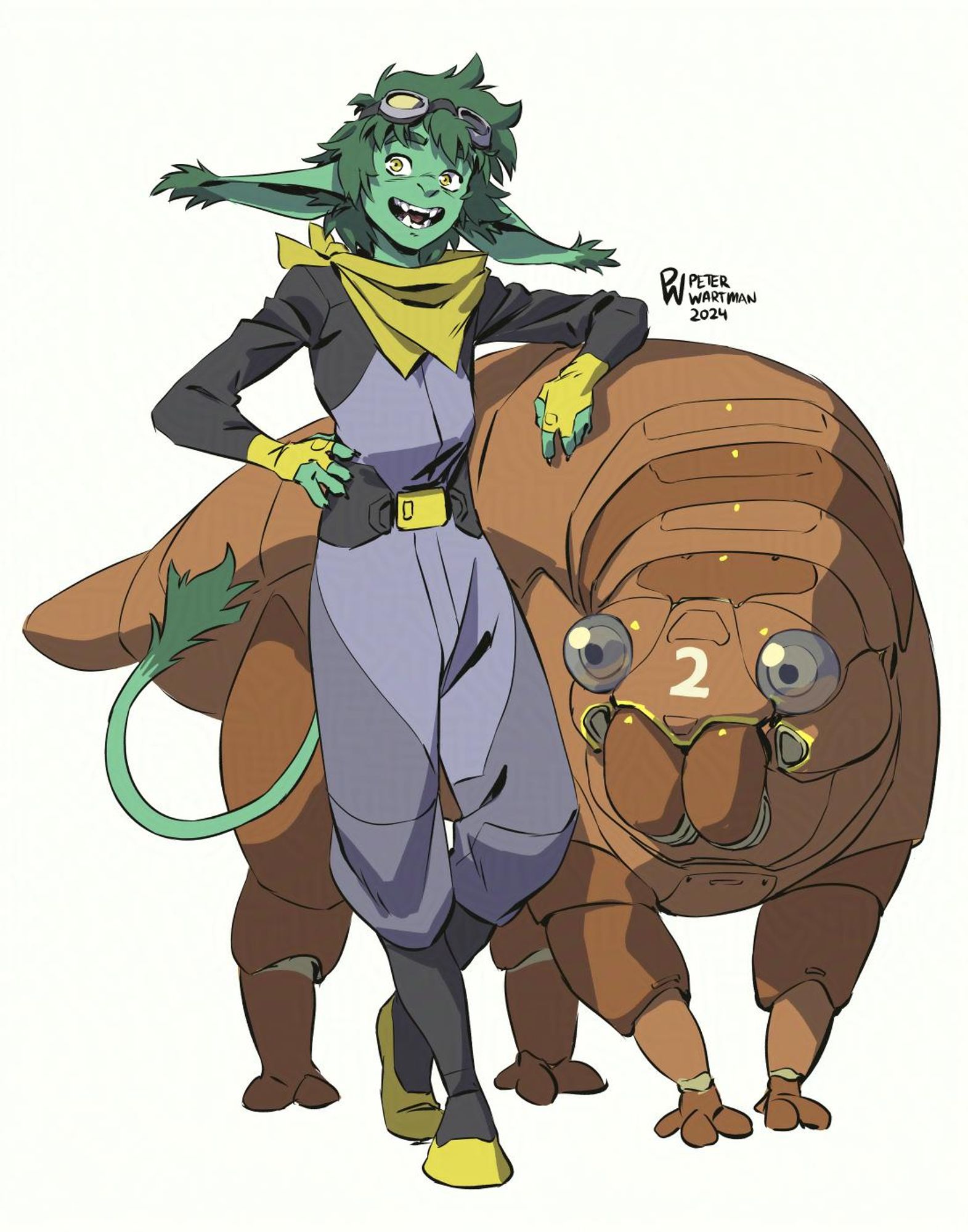 A cat-like goblin guy and his robot buddy that looks a bit like a tardigrade