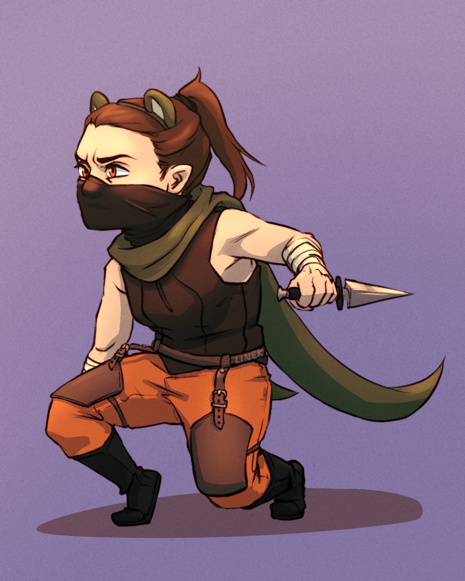 A stealthy halfling rogue crouching and holding their dagger ready. Brown hair up in a pony tail with bear ears as accessories. Piercing orange eyes and covered nose and mouth with a mask. She's got a split cape only covering the back a bit. Sleeveless leather armor and orange pants also covered with some leather armor. High black shoes and a few bandages around the wrist