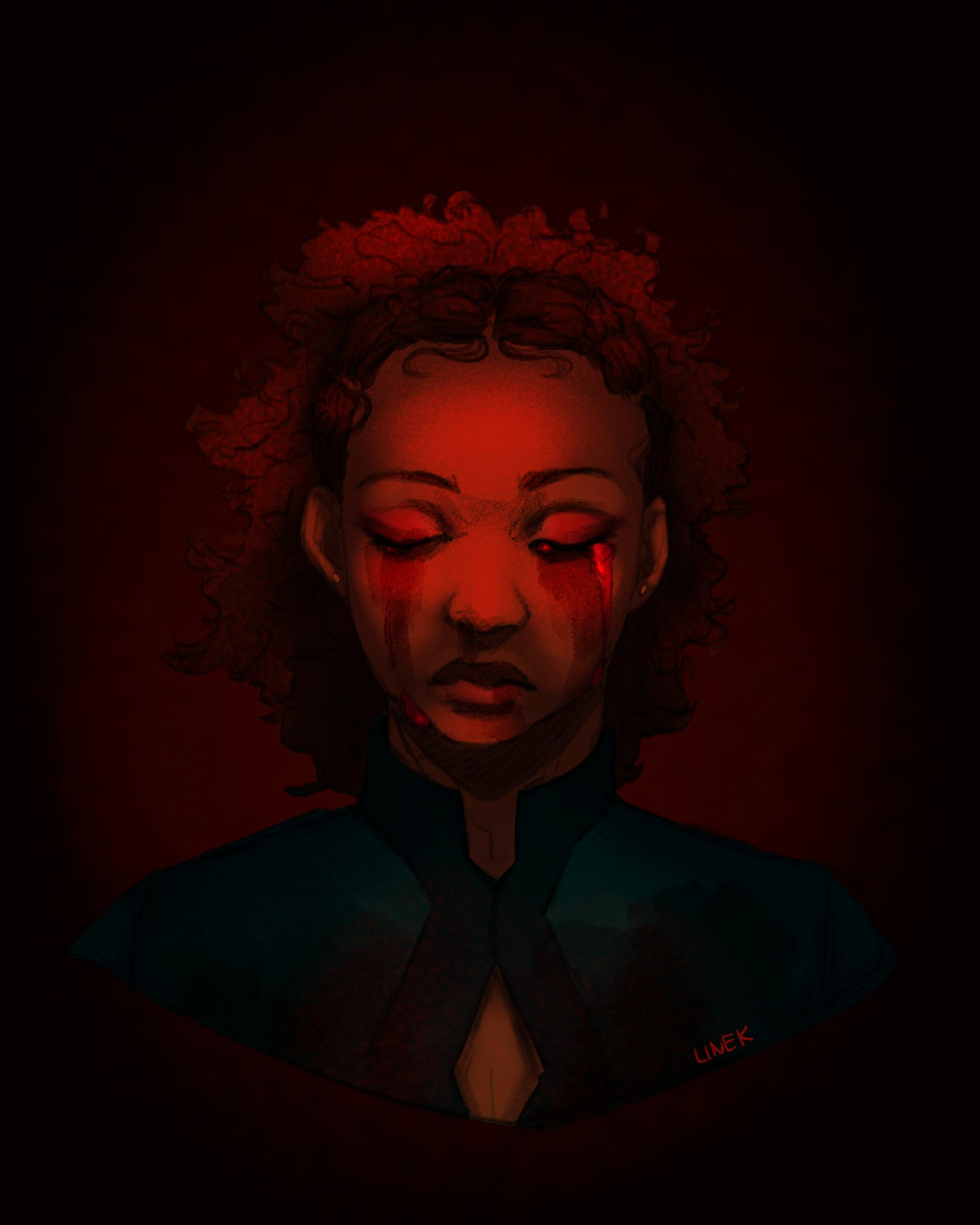 Portrait of my OC Novah in a very dark and red environment. She has her eyes closed, head slighty tilted downwards and doesn't show much emotions. There are bloody tears and blood on her clothes.