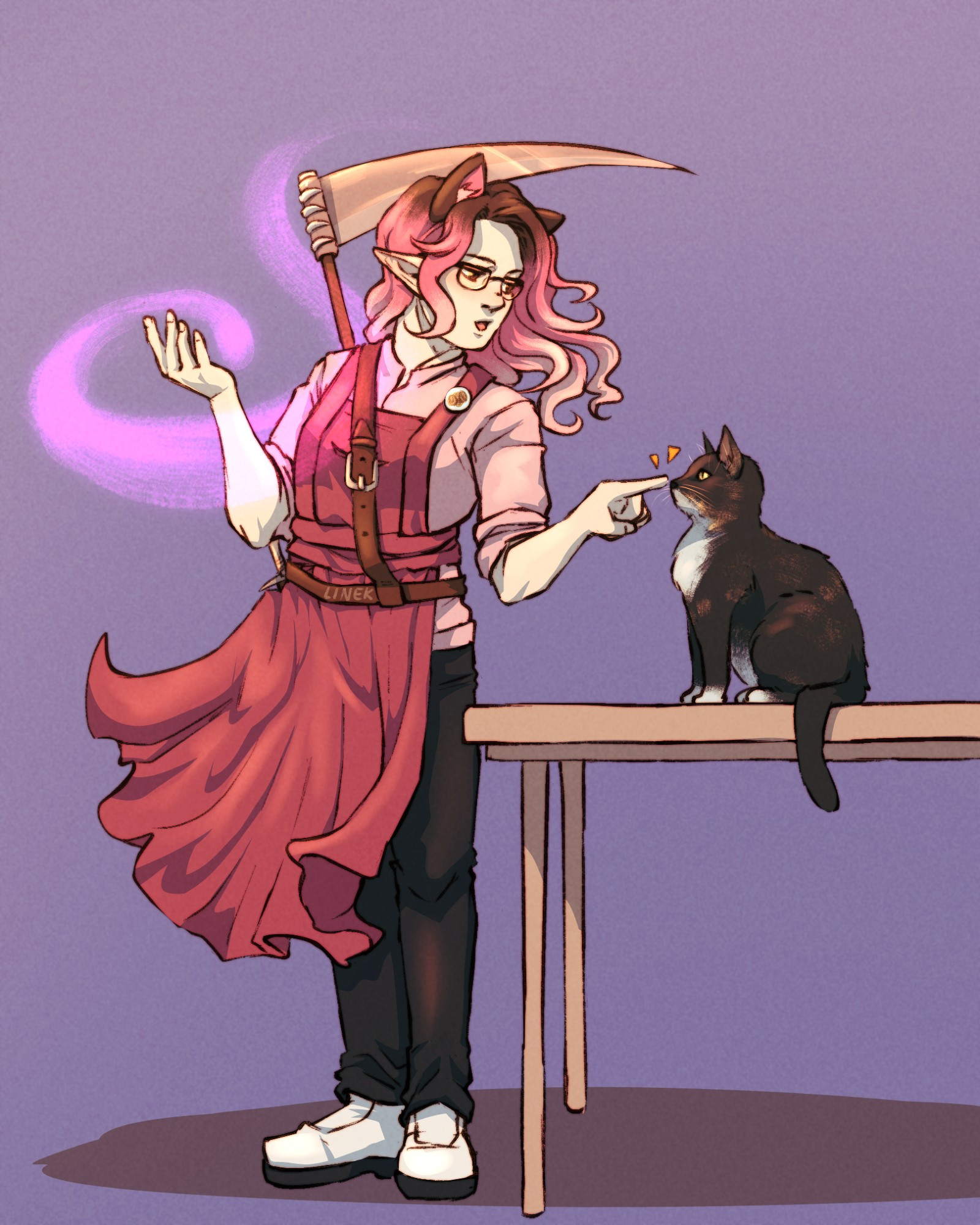 An elfish warlock booping her cute tortoiseshell cats nose that's sitting on a table. Her hair is transitioning from brown into a hot pink then into a soft pink. She's got cat ears and point elf ears. The clothes is a simple pink baker blouse with black pants and white shoes on top with a hot pink apron. Across the torso is a belt that holds her scythe on the back.