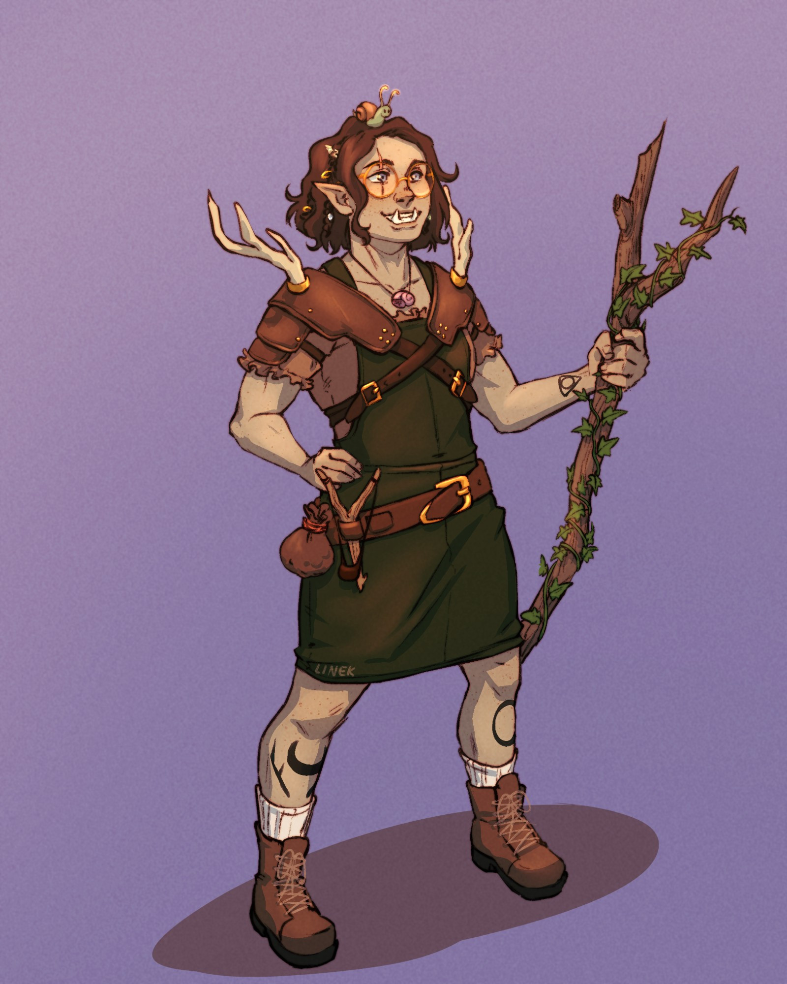 Proud pose of an Half-Orc Druid. Chin-length brown hair, full of little trinkets braided in, big round gold glasses and body covered in freckles and few druid rune tattoos. Holding an wooden stick overgrown with Ivy, clothed in a tan blouse with dark green overalls. Leather boots and armor around the shoulders with deer antlers. A belt around the hips with a pouch full off tiny stones and a slingshot.