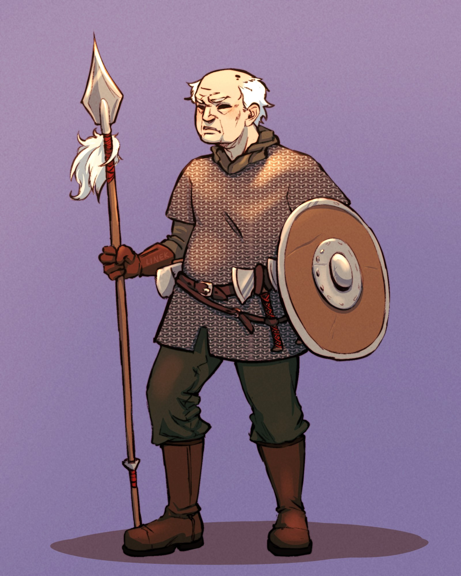 An old human fighter holding his spear and shield ready to fight. The top of his head is bald and the sides are white short hair, he is clothed in chainmail armor and olive green top and pants below. He got leather boots and clothes and a belt around his waist with more weapons, a blacksmith hammer and two throwing axes