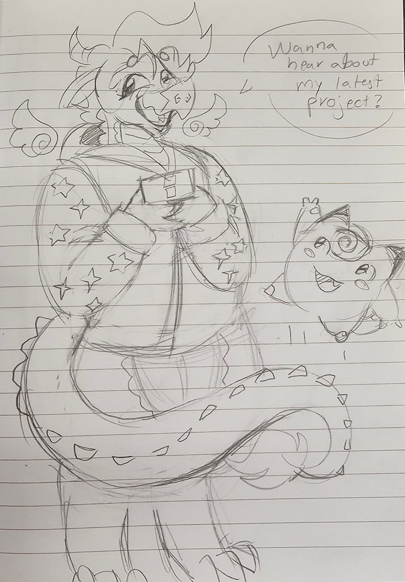 A messy pencil sketch of a dragon holding a ds. They are saying "Wanna hear about my latest project?", while a small clefairy jumps up in the air next to them