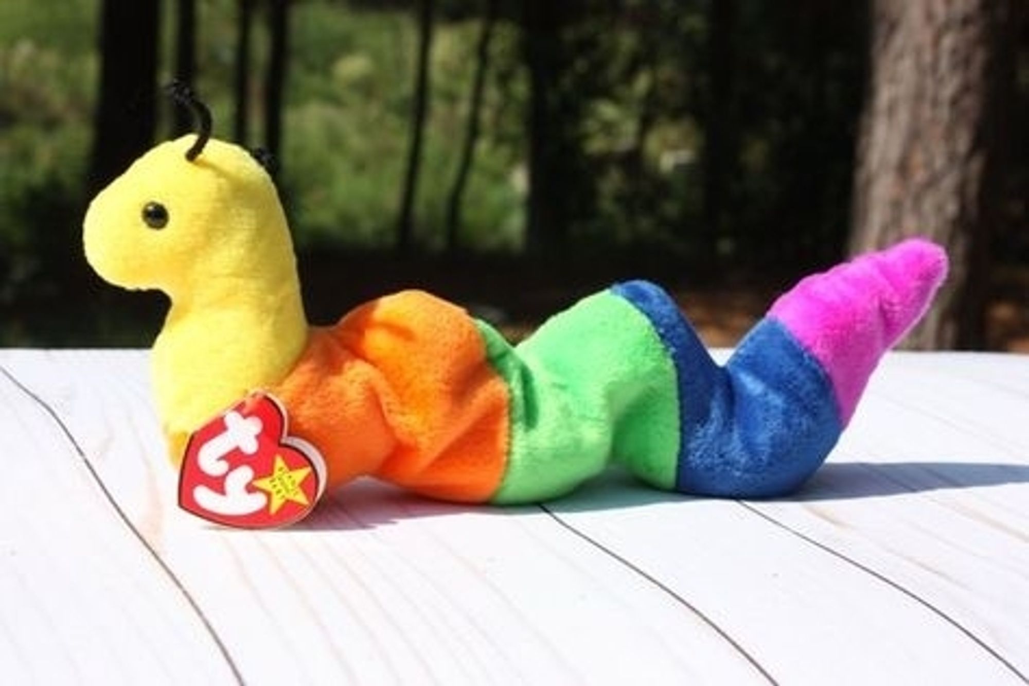 Inch the rainbow inchworm plush toy. It's got a yellow head with black beady eyes and antennae, followed by orange, green, blue and purple segments. It also has the heart shaped Ty logo tag attached