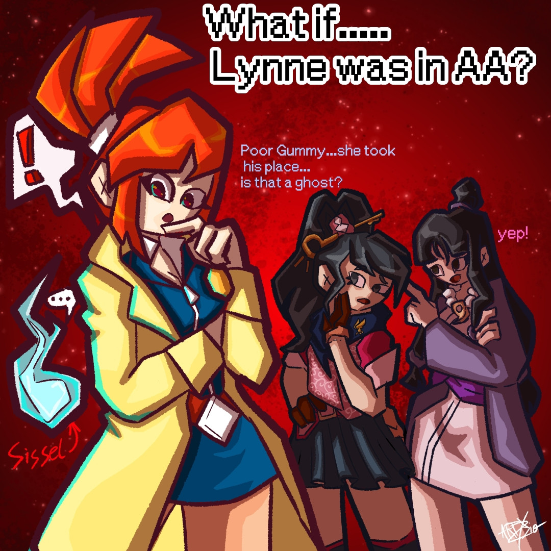 An art representing characters from two different Shu Takumi games. On the foreground is Lynne and Sissel's soul from Ghost Trick. In the background there's Kay Faraday and Maya Fey from Ace Attorney.
The art is entitled "what if Lynne was in Ace Attorney?"