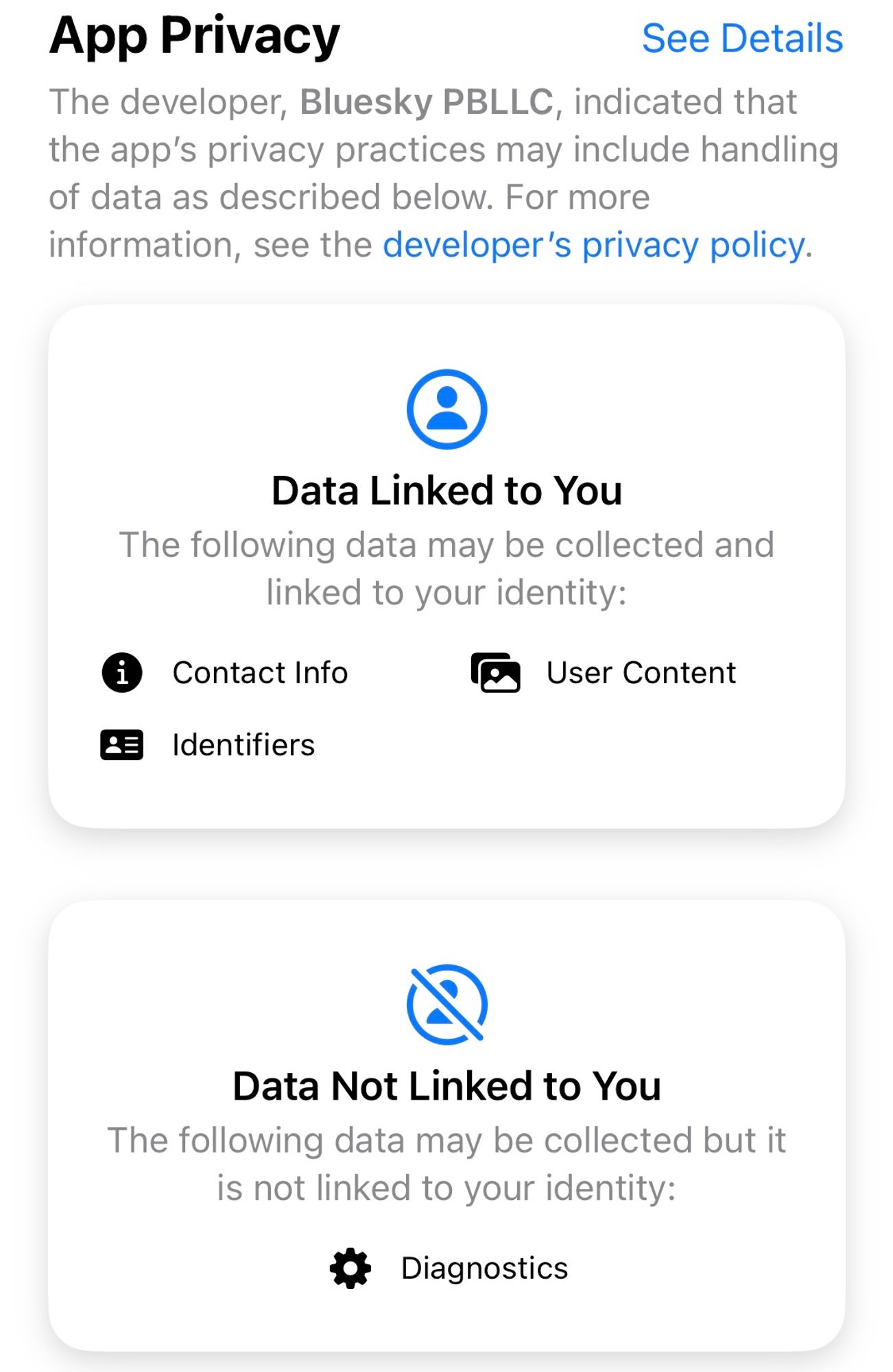 Bluesky, may collect and link to you data related to contact info, content, identifiers 