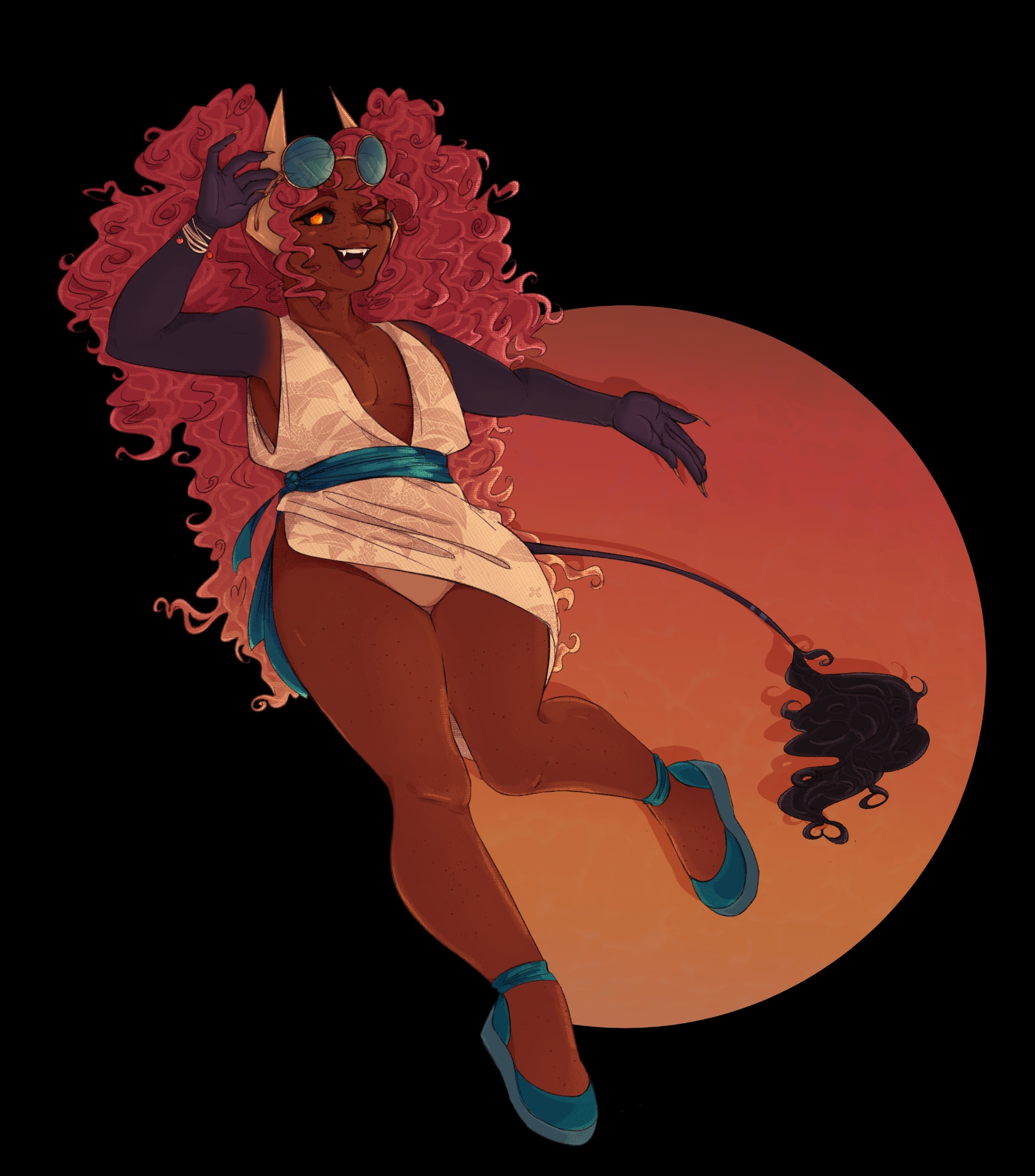 digital art of my original character, deivirra. he has freckled brown skin, curly hair with a deep pink/reddish to pale yellow ombre, and gold eyes with black sclera, and a black lion-like tail. he dons a beige swimsuit with a teal sash, teal flats, and teal sunglasses with gold rims. his expression is energetic as he holds onto his sunglasses with one hand while his other arm is brandished out toward a simple circle background with a sunset gradient, as if inviting the viewer to the horizon with him.