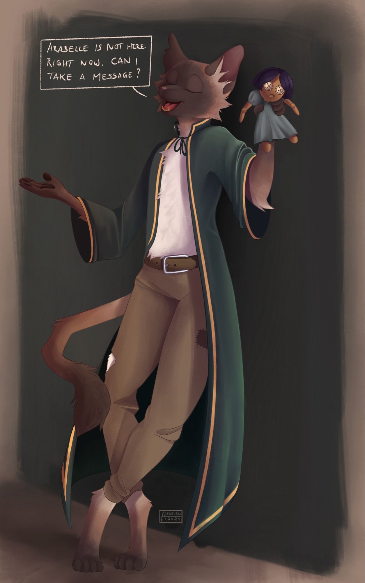 A digital painting of a feline anthro character in shabby pants and a wizard robe. The description we got was a Siamese cat who looks like he got run over about 19 times—roadkill-chic, if you will—but I fear I made him look too pretty.