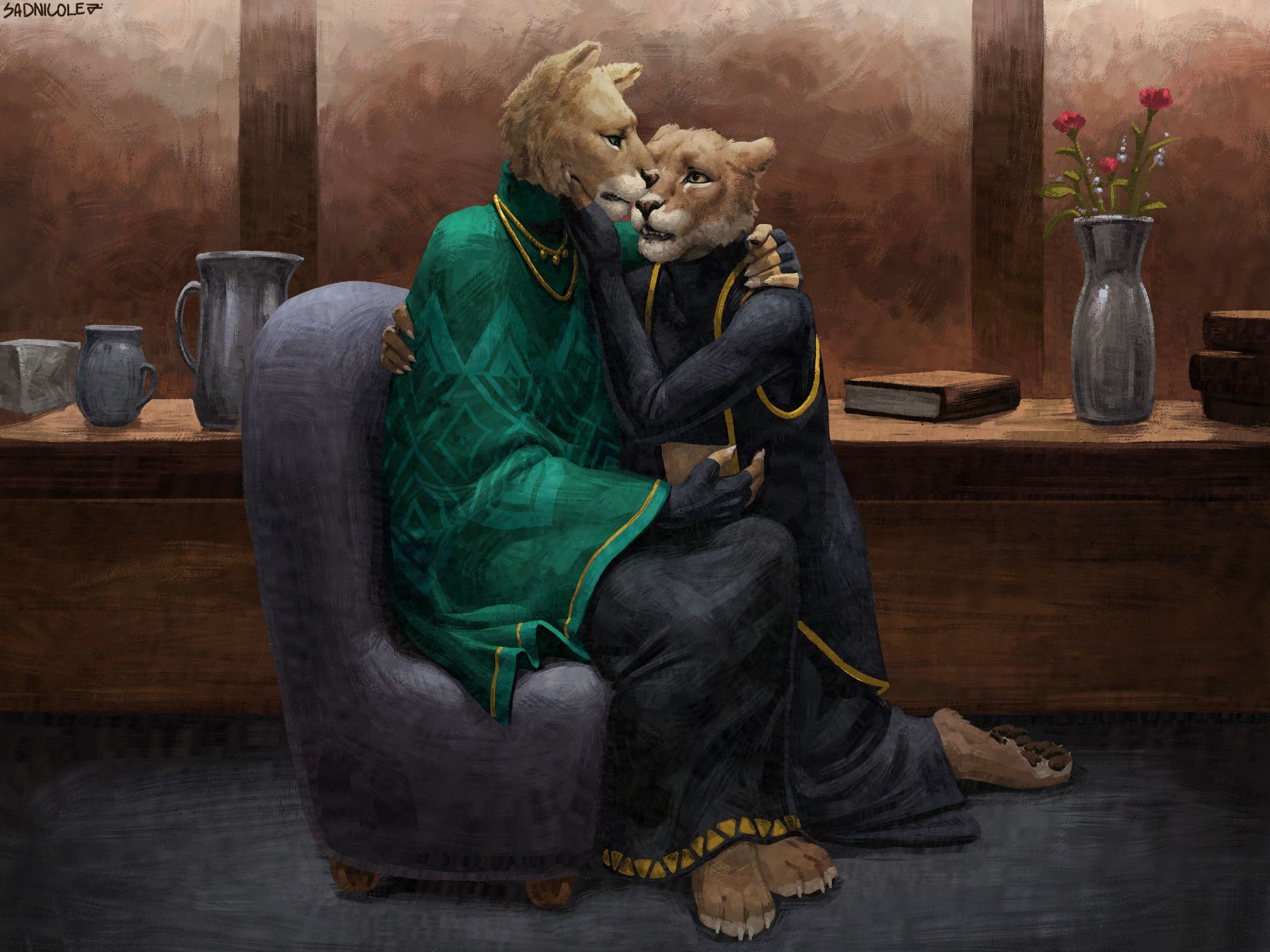 Two anthropomorphic lionesses are together. One is seated on a chair, wearing a green shawl over a black dress. The other is kneeling on the ground next to her, wearing a black outfit. The latter lioness is tenderly holding the chin of the other while saying something to her. Both look sad, but there is an evident care in their expressions.