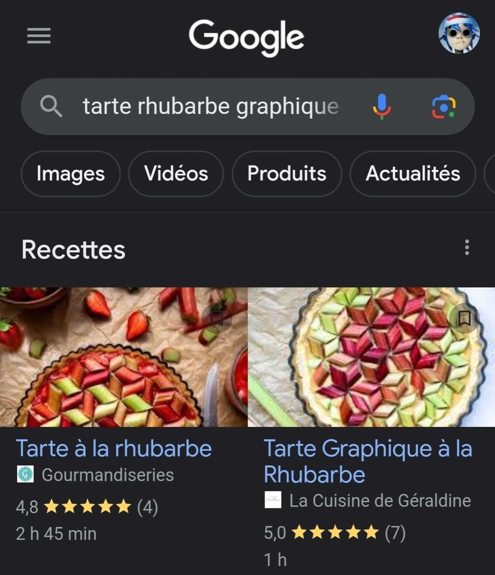 Capture d'écran d'une recherche Google "Tarte Rubarbe graphique"