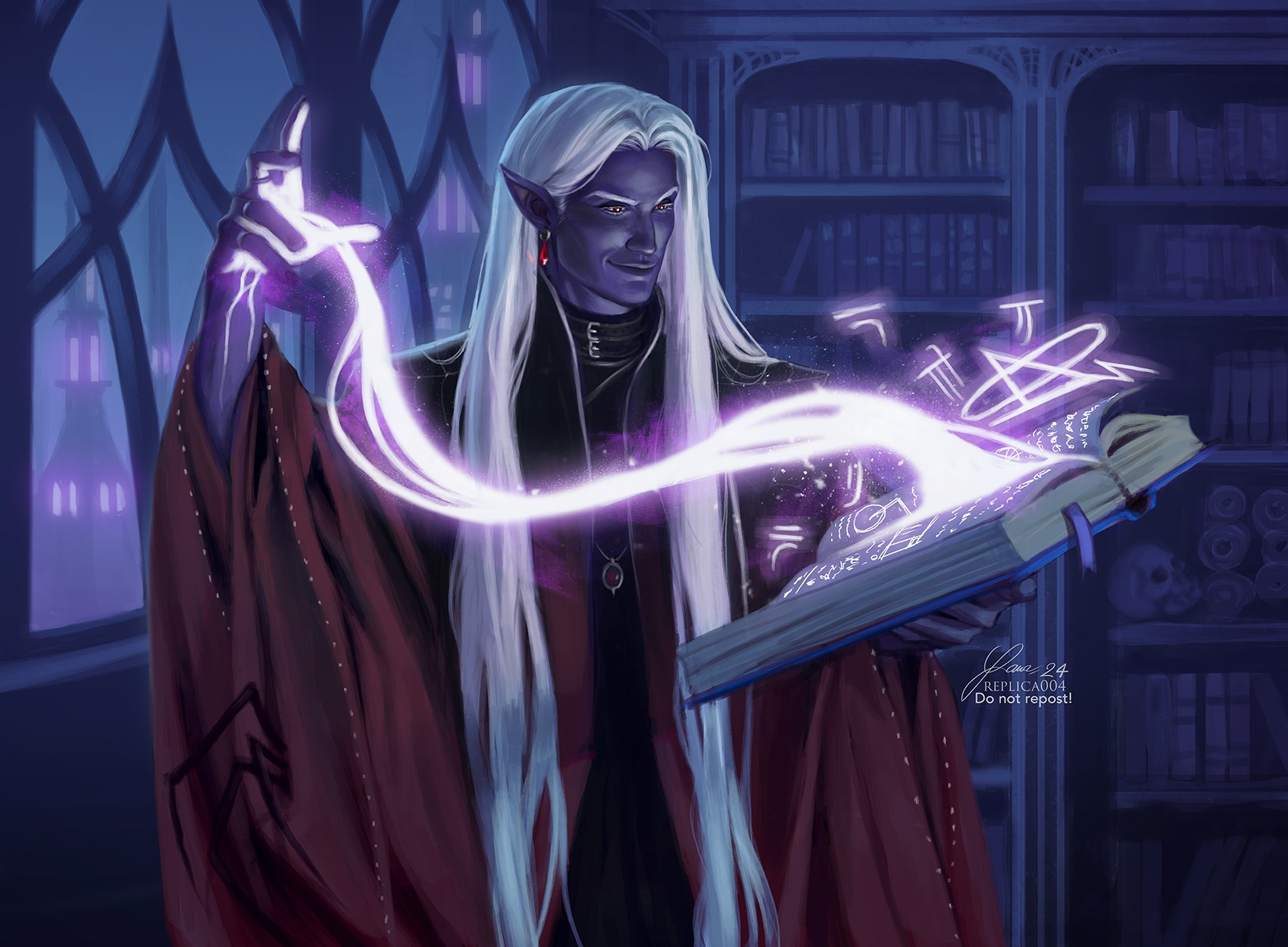 My drow wizard oc, Jesperr Xorlarrin, as he performs a spell in the Academy of Sorcere, in his home city Menzoberranzan