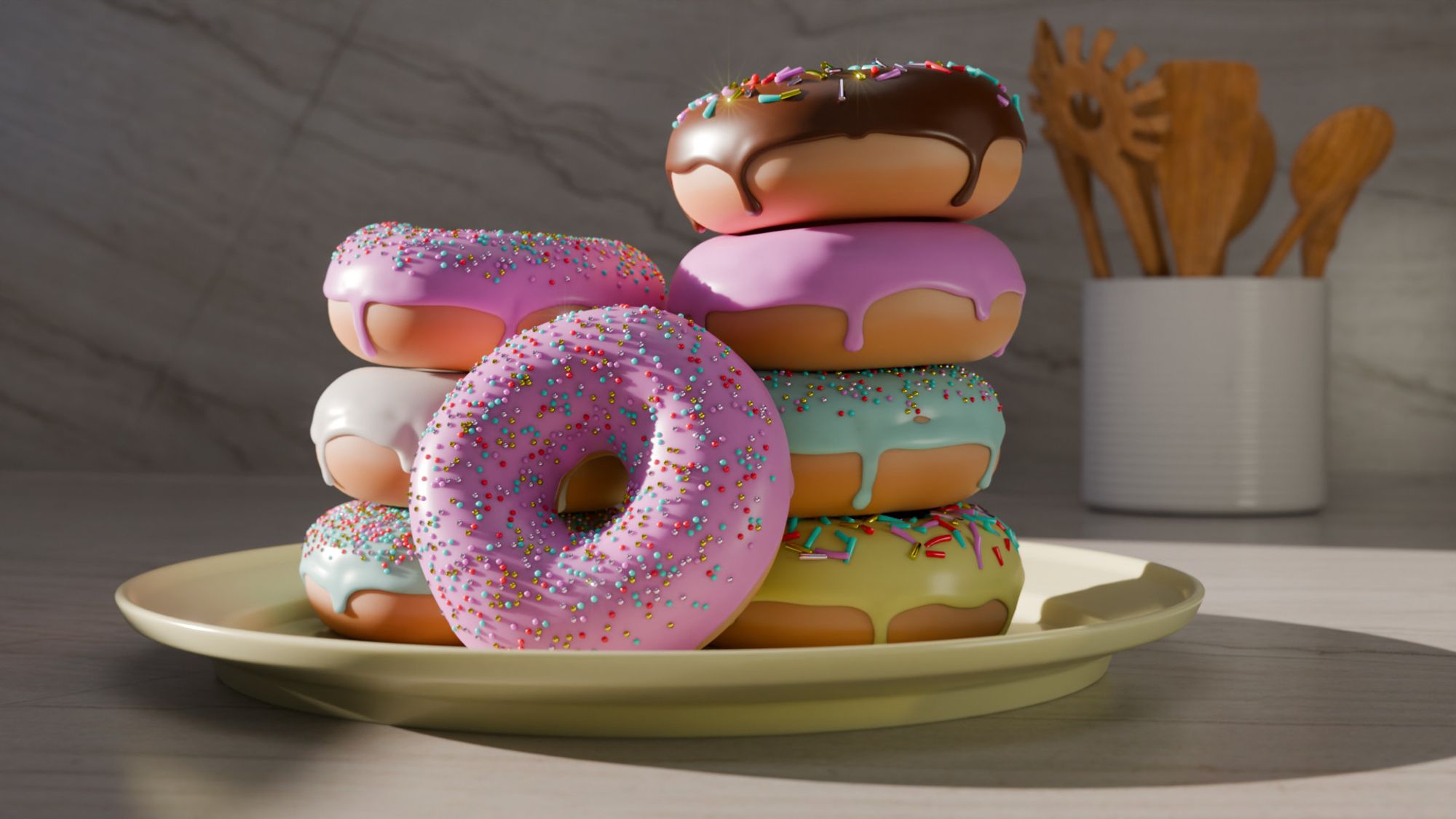 An 3d render image of colorful donuts in a plate.