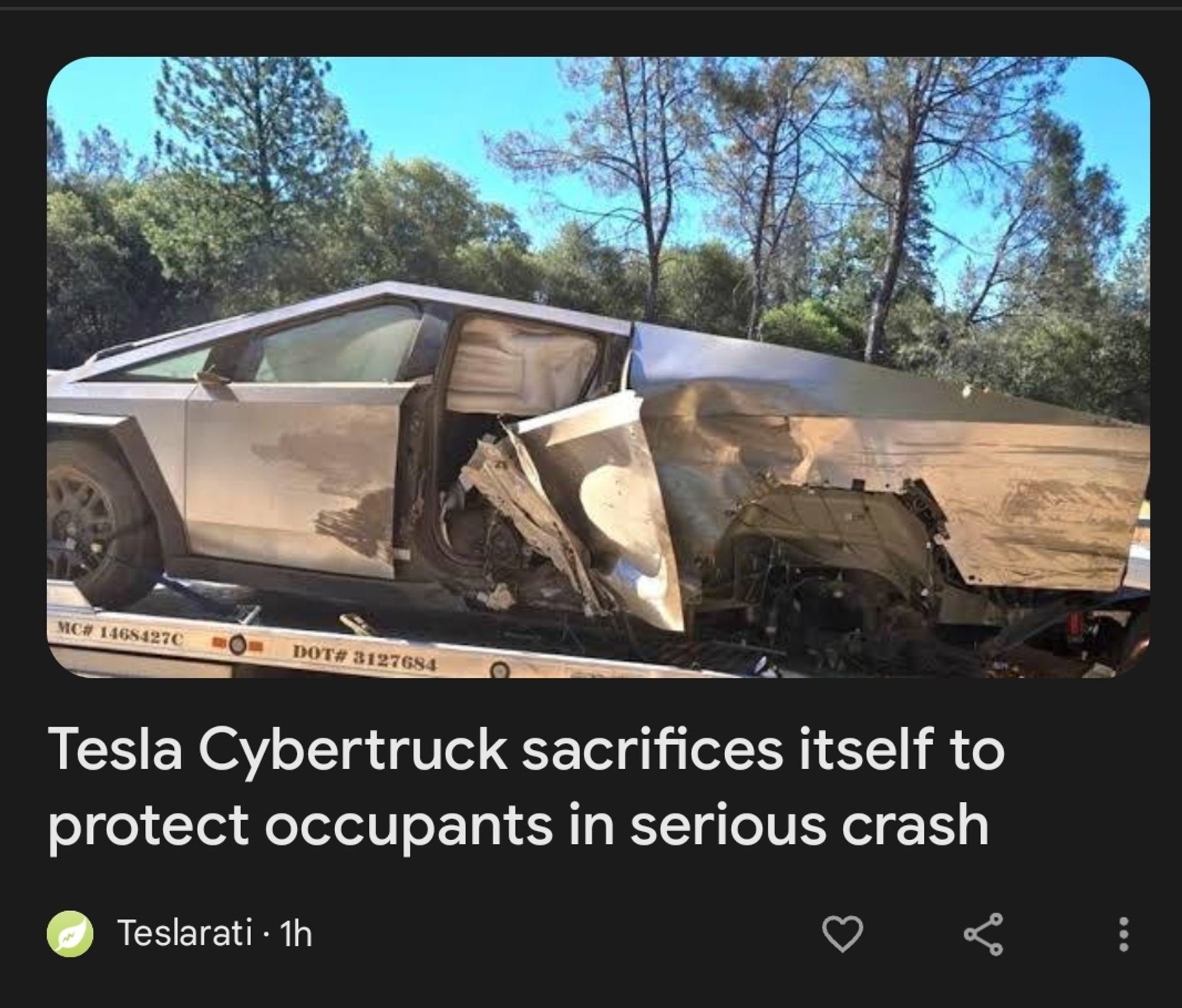 Unbiased news source Teslarati says Tesla Cybertruck sacrifices itself to protect occupants in serious crash, and the photo is of a Cybertruck that due to its deliberate lack of crumple zones has sort of exploded? It's all fucked up!