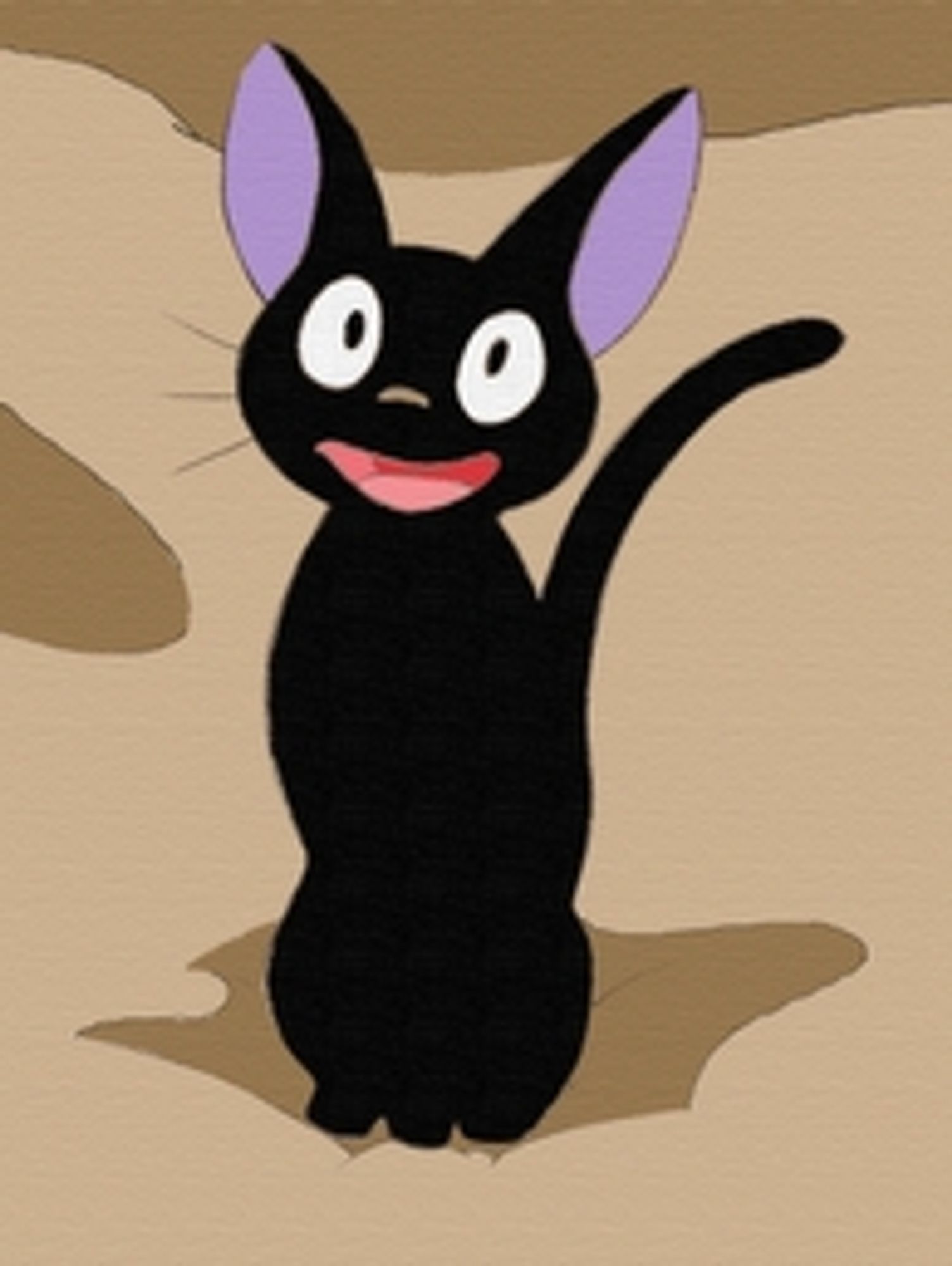 Jiji the little black cartoon cat from Kiki's Delivery Service, smiling broadly with big tall ears