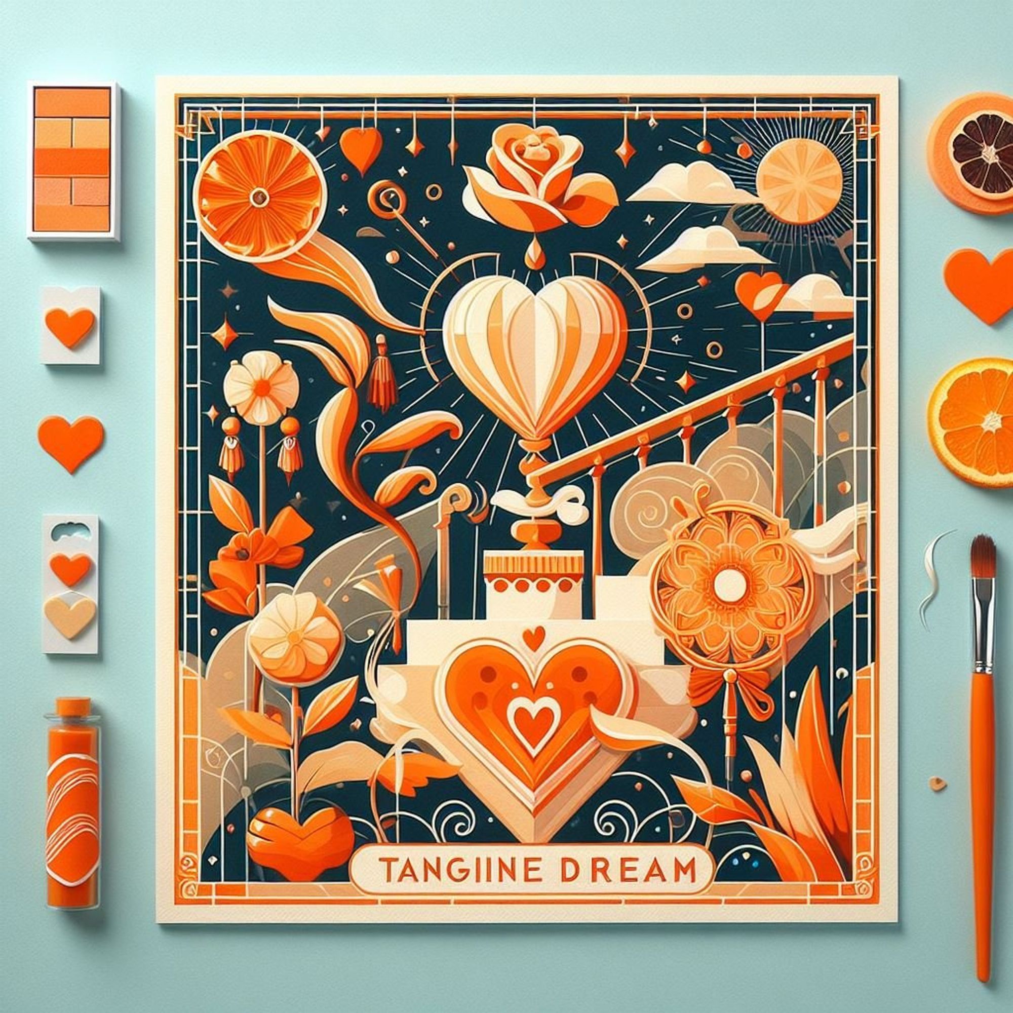 A beautiful Valentine's card generated by prompting Bing Image Creator (a generative AI art tool) with: "Make a "Tangerine Dream" Valentine's Day card in flat art deco style."