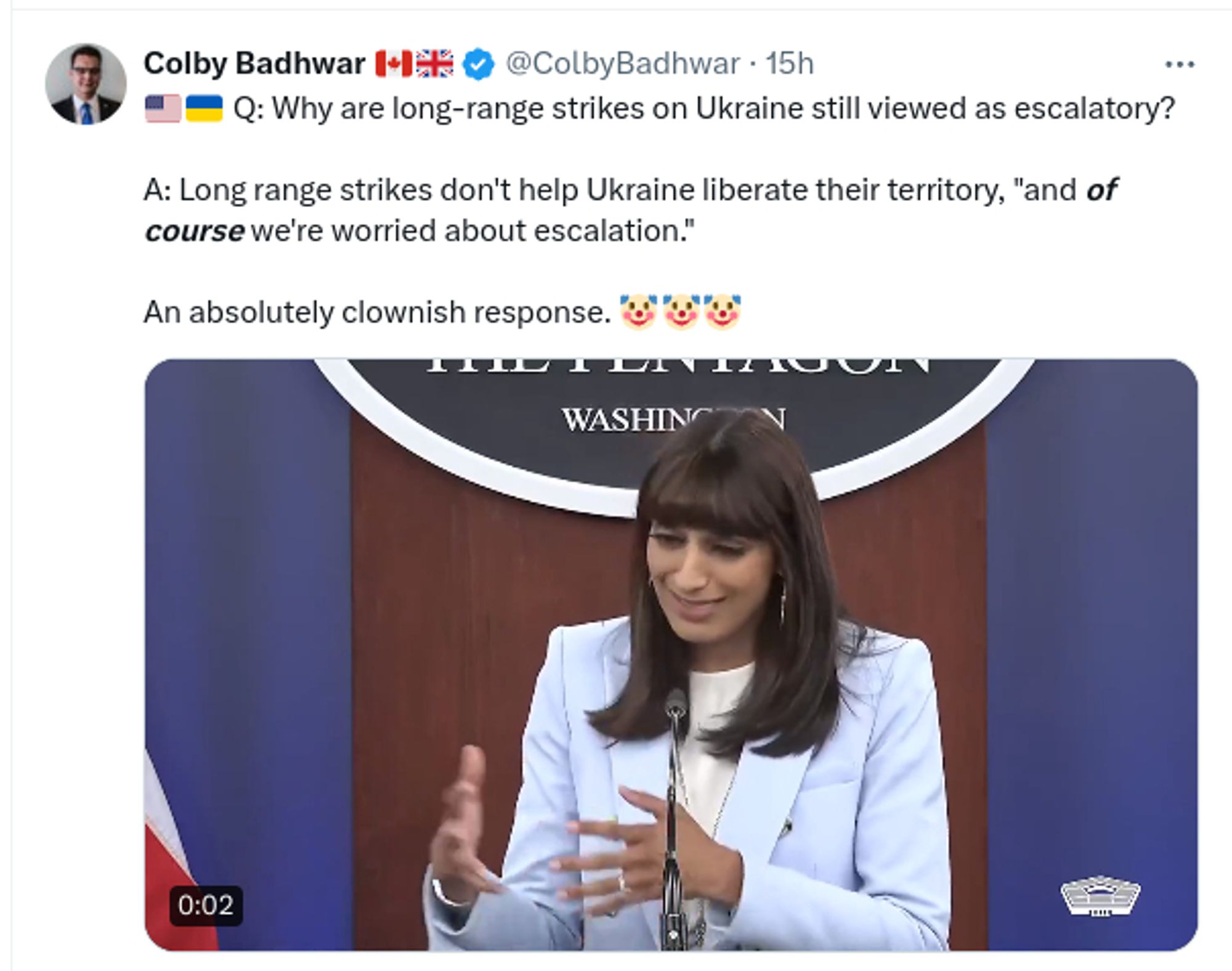 USA: Long range strikes don't help Ukraine liberate their territory, "and of course we are worried about escalation."

Reproted by @ColbyBadhwar