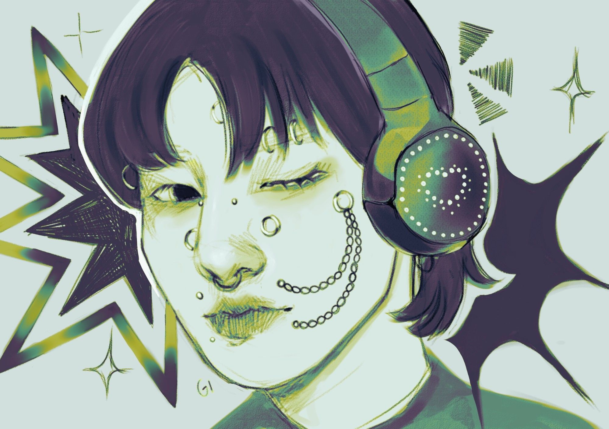 Um desenho digital do artista integrante do BTS - jungkook, com piercings no rosto e fone de ouvido. 
No fundo tem algumas estrelas e minha assinatura G