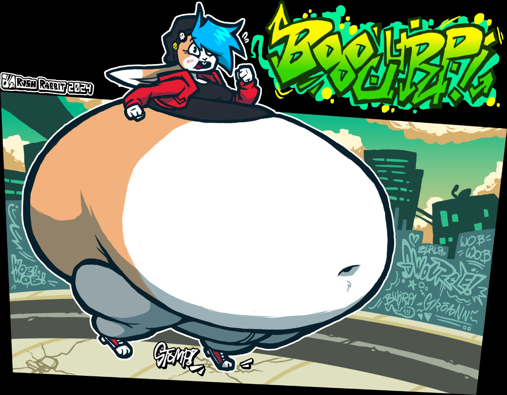 Skater Bunny girl with a massively round belly stomping down a side walk, across the street the buildings are covered in graffiti describing sloshing and gurgling stomach sounds. (Now she's belching profusely)