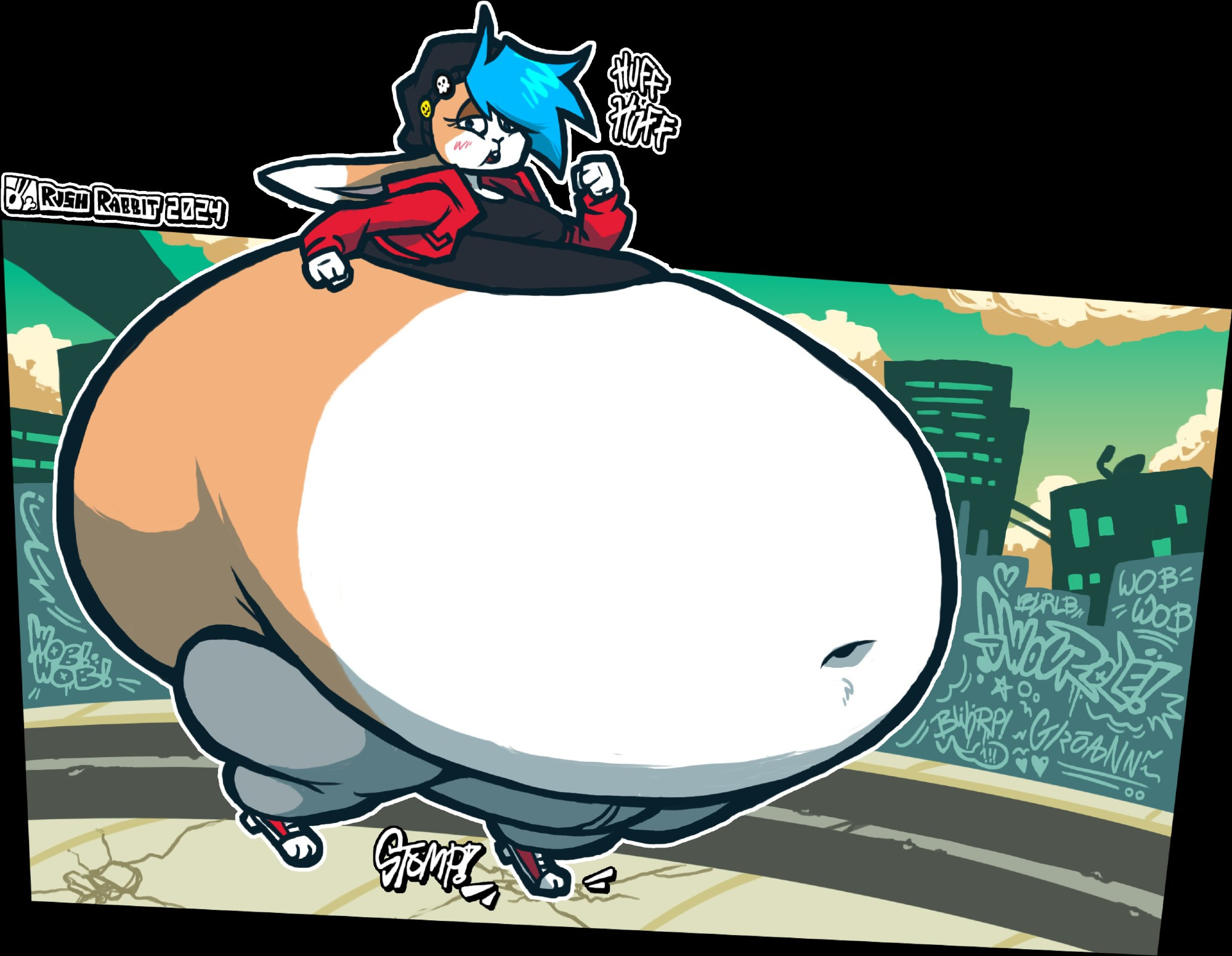 Skater Bunny girl with a massively round belly stomping down a side walk, across the street the buildings are covered in graffiti describing sloshing and gurgling stomach sounds.